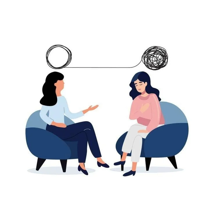 Illustration of two women in therapy session, with thought clouds above their heads, one calm and the other distressed.