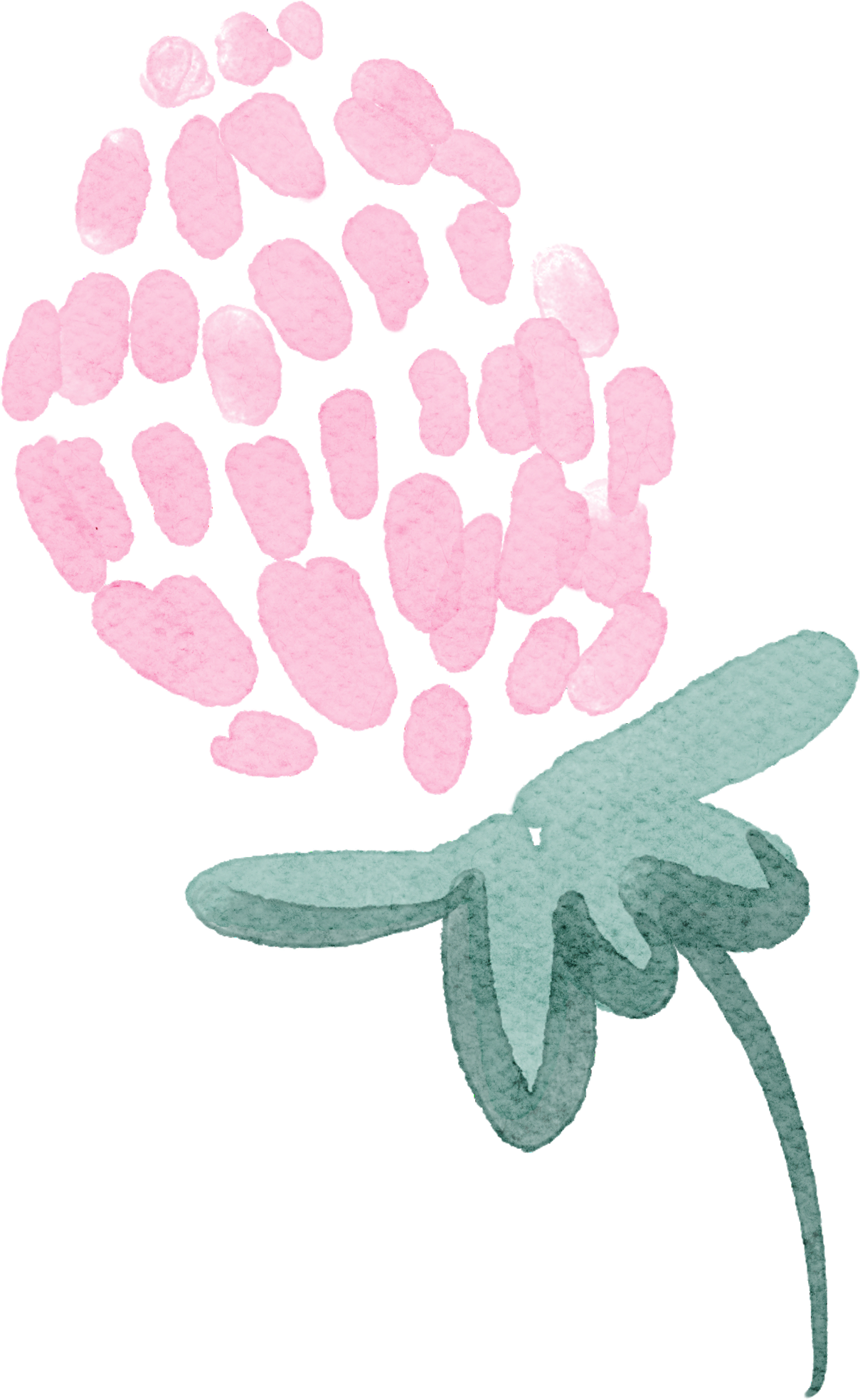 A watercolor illustration of a grayish-green flower with petals, used as a base for a bouquet of pink, watercolor-style flowers, arranged in a loose cluster.