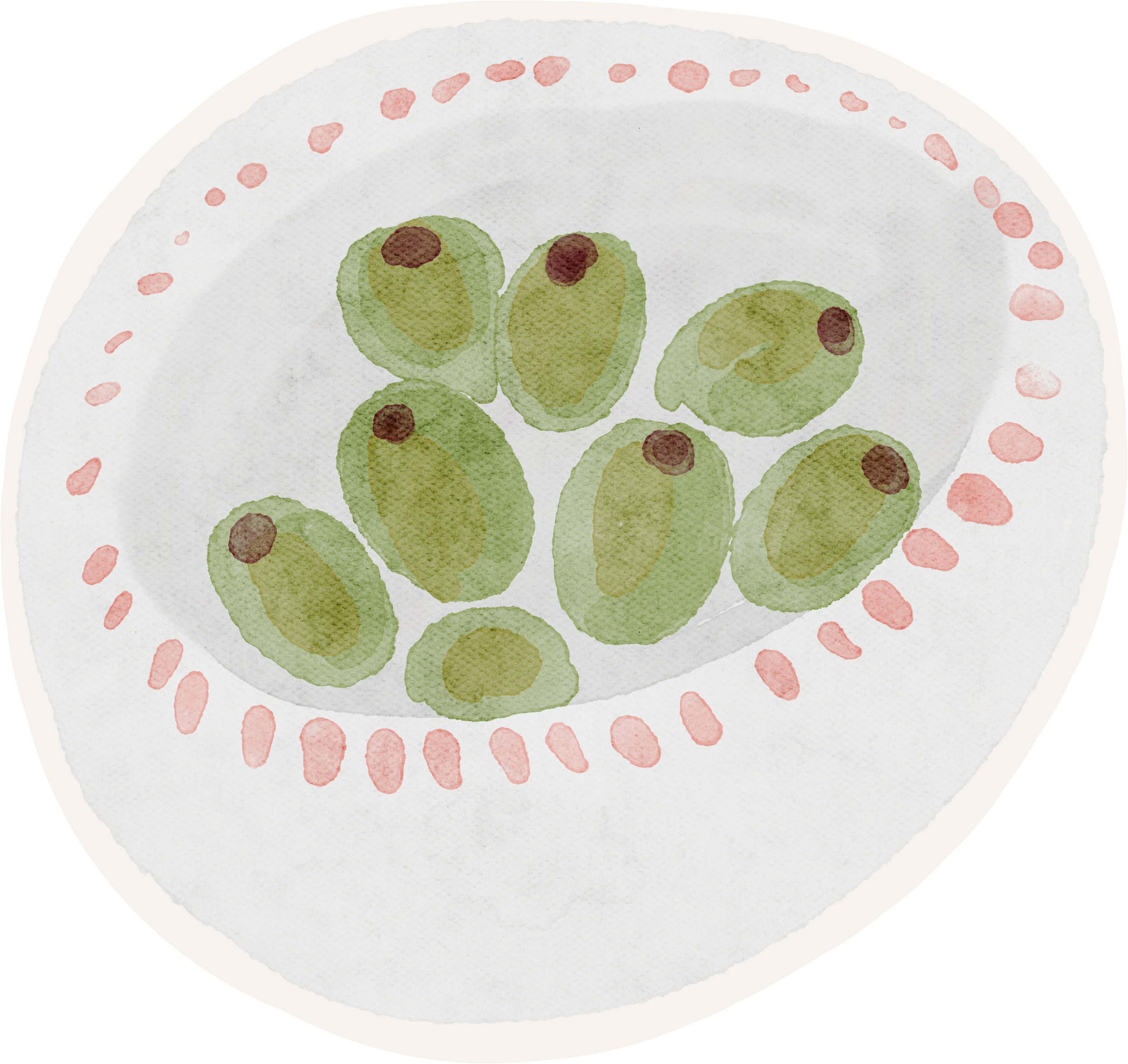 A watercolor illustration of a plate of avocado slices garnished with a dark topping, surrounded by a pink dotted border.