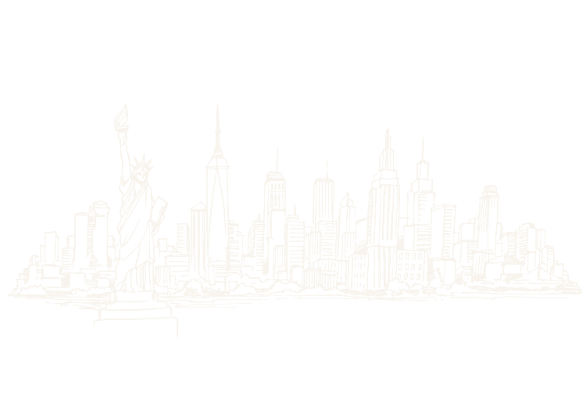 Outline of the New York City skyline with famous buildings such as the Empire State Building and the Statue of Liberty