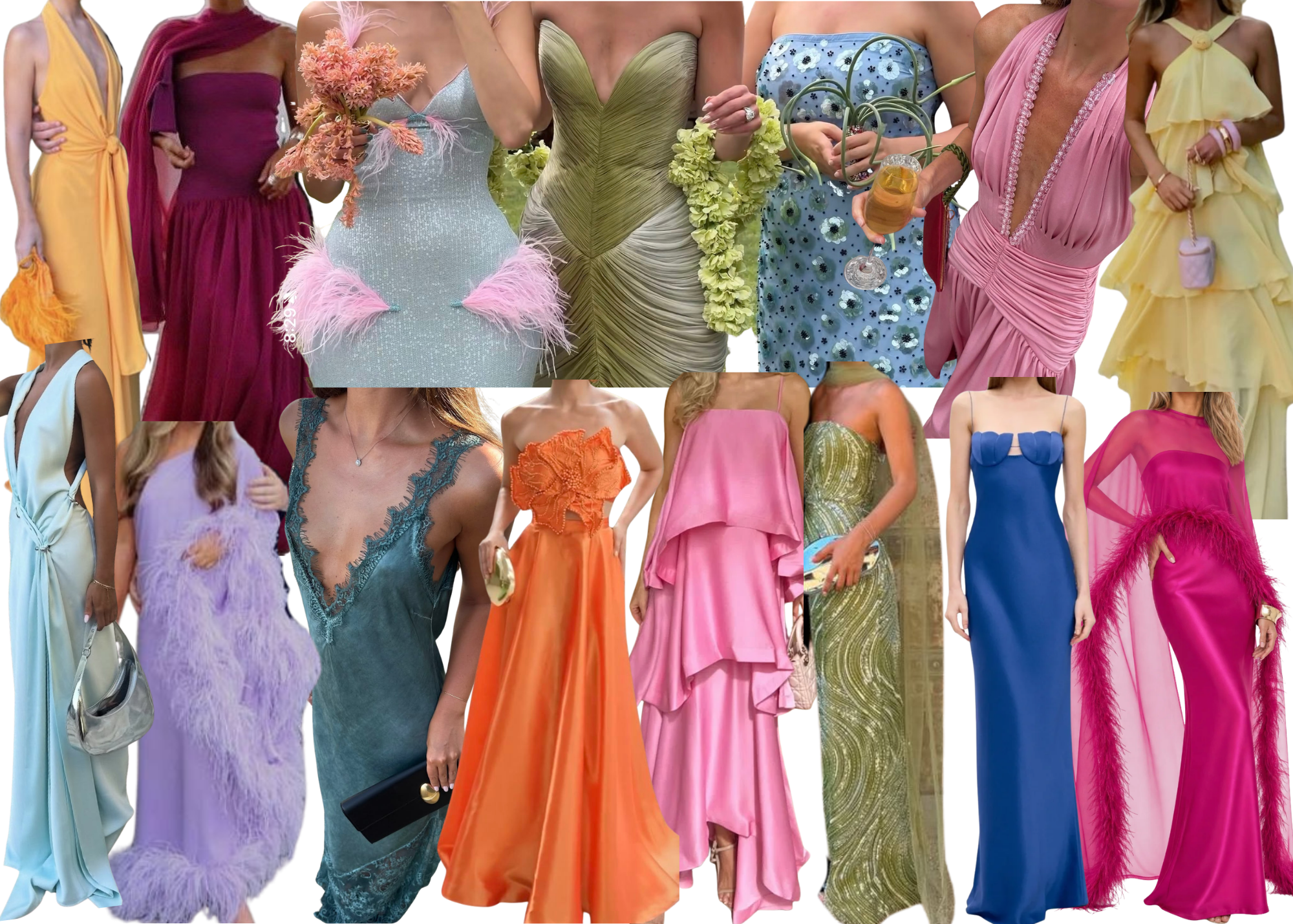 Group of women wearing colorful evening dresses at a formal event.
