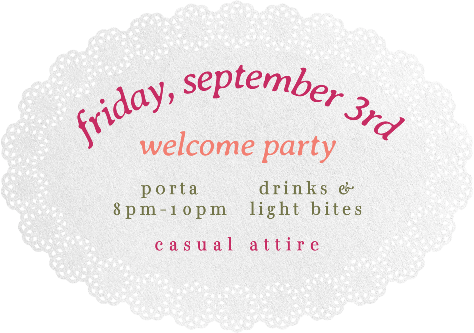 Invitation for a welcome party on Friday, September 3rd, with casual attire, from 8 pm to 10 pm, including port and drinks, light bites, inside a doily borders.