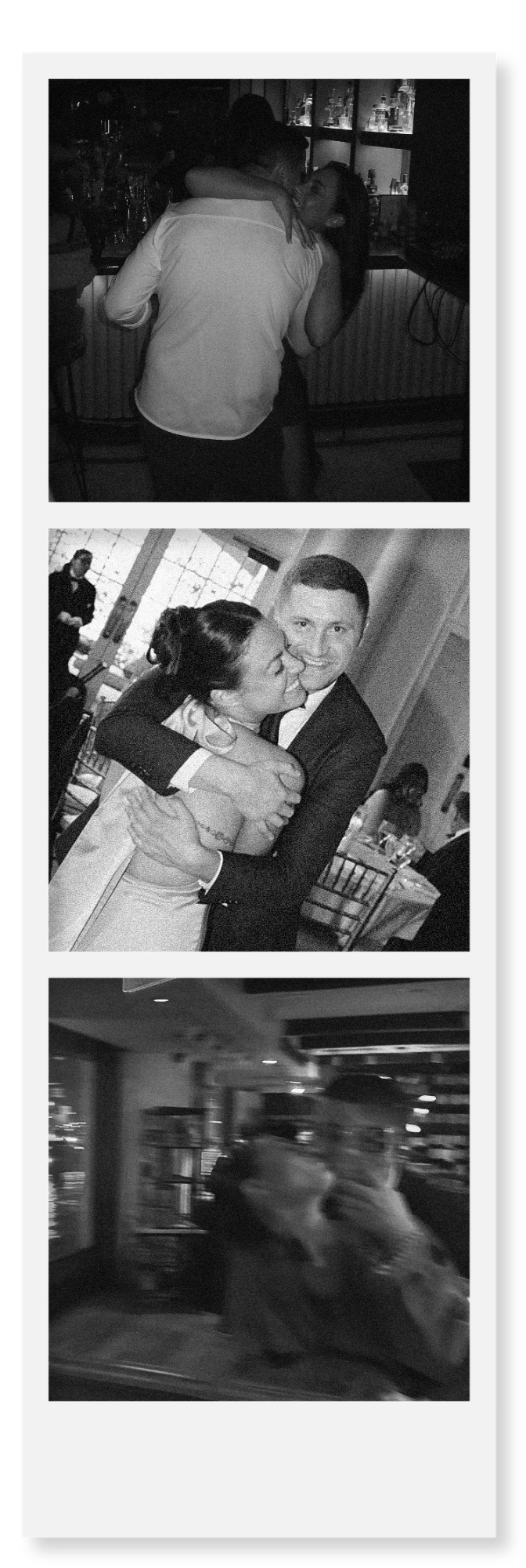 Three black-and-white photos showing couples dancing and embracing in a social setting, possibly a bar or restaurant, with background elements of tables, chairs, and other people.