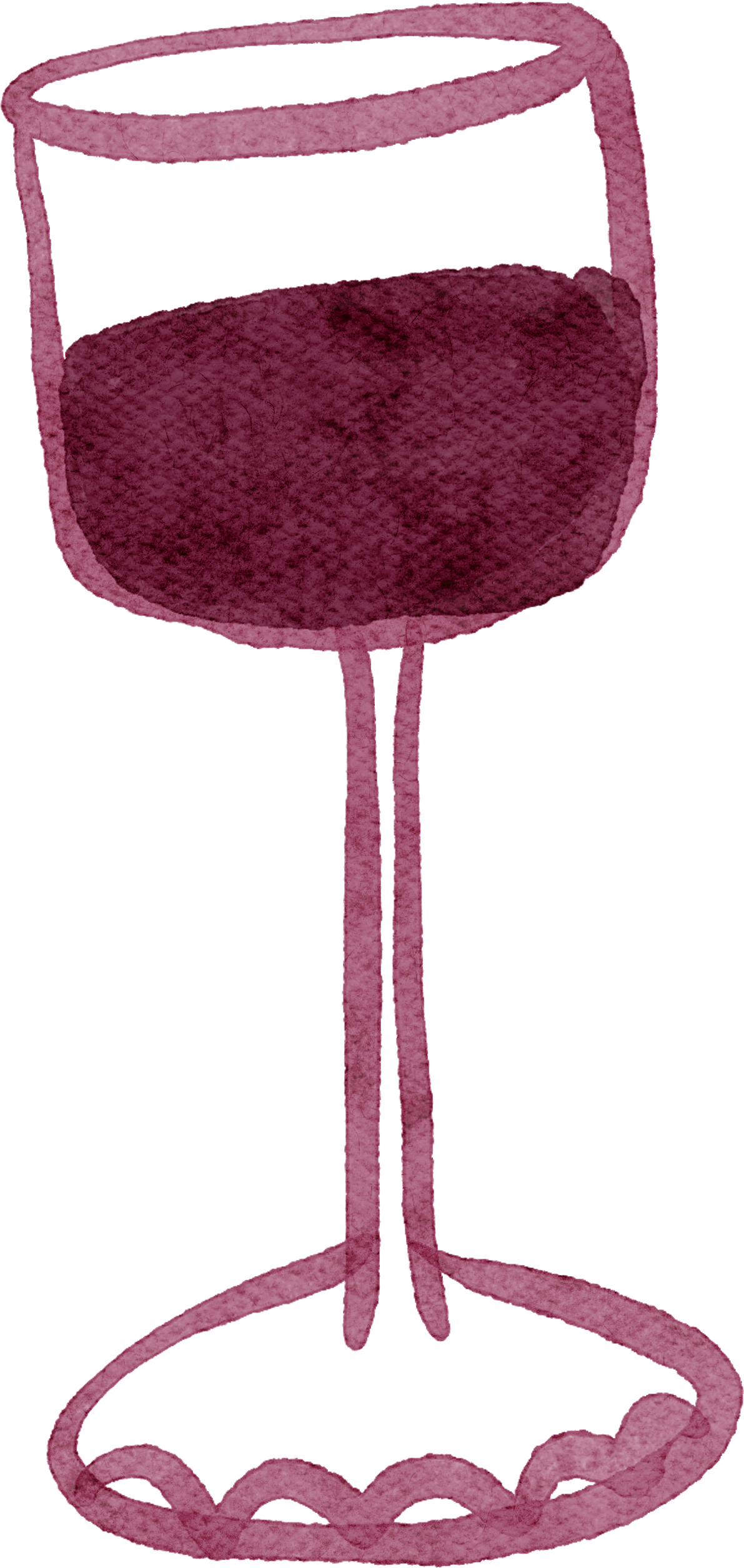 A watercolor painting of a pink wine glass with a curved stem and a wide round bowl, viewed from the side.