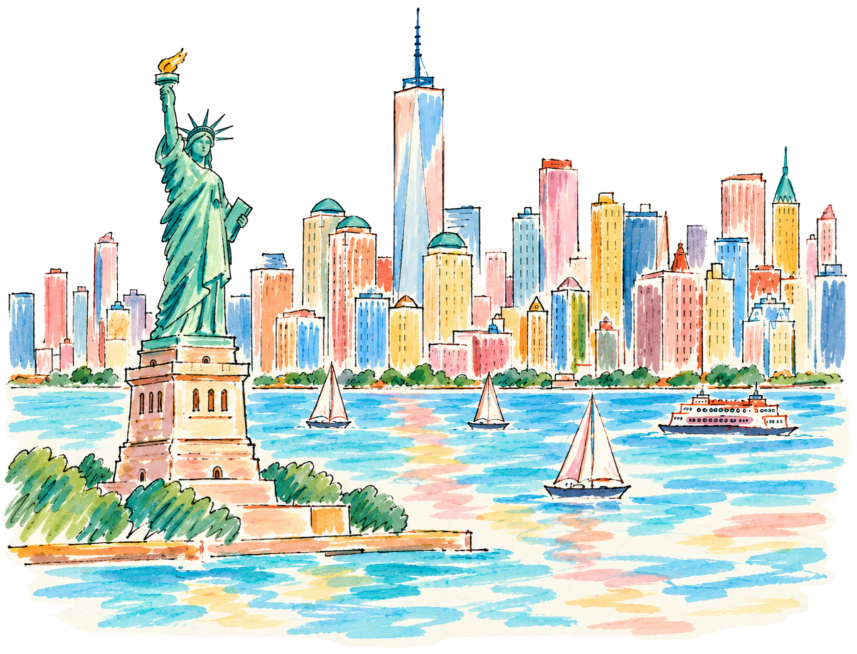 A colorful watercolor illustration of the New York City skyline with the Statue of Liberty in the foreground, a body of water with sailboats, and tall skyscrapers including One World Trade Center under a clear blue sky.