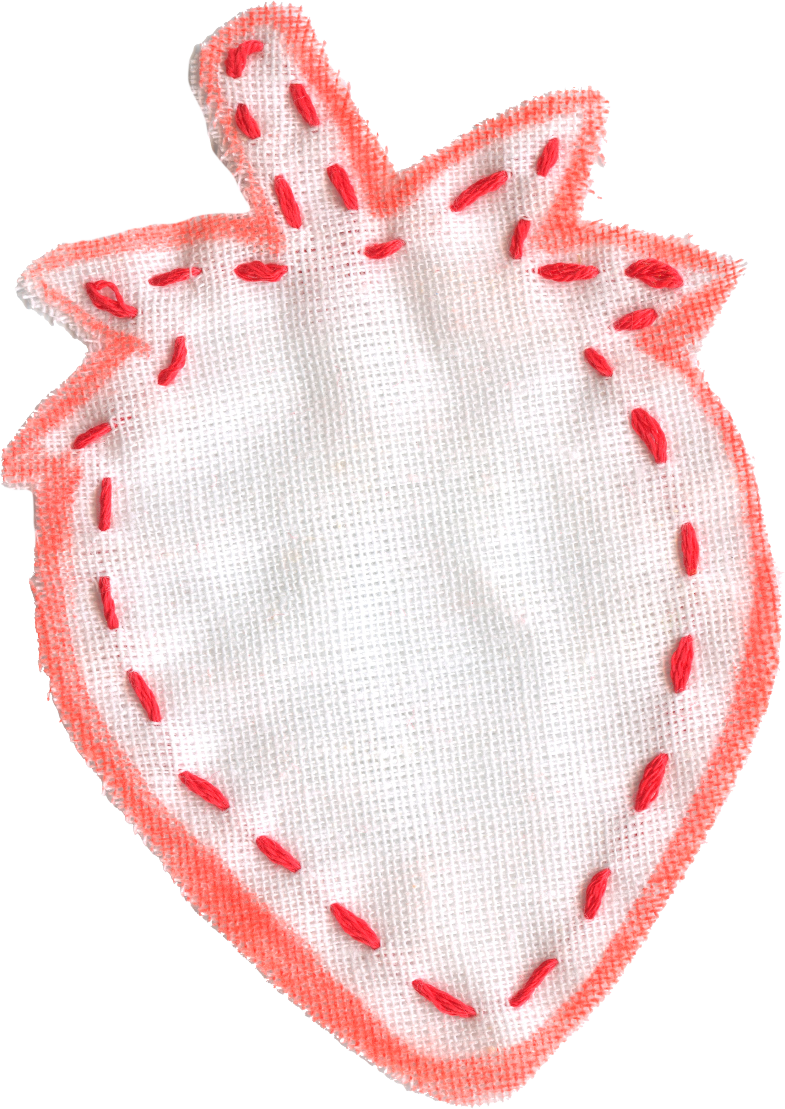 A close-up of a fabric heart-shaped patch with a white background, pink border, and pink stitched outline. It has red embroidered stitch marks along the border and a red embroidered detail in the center.