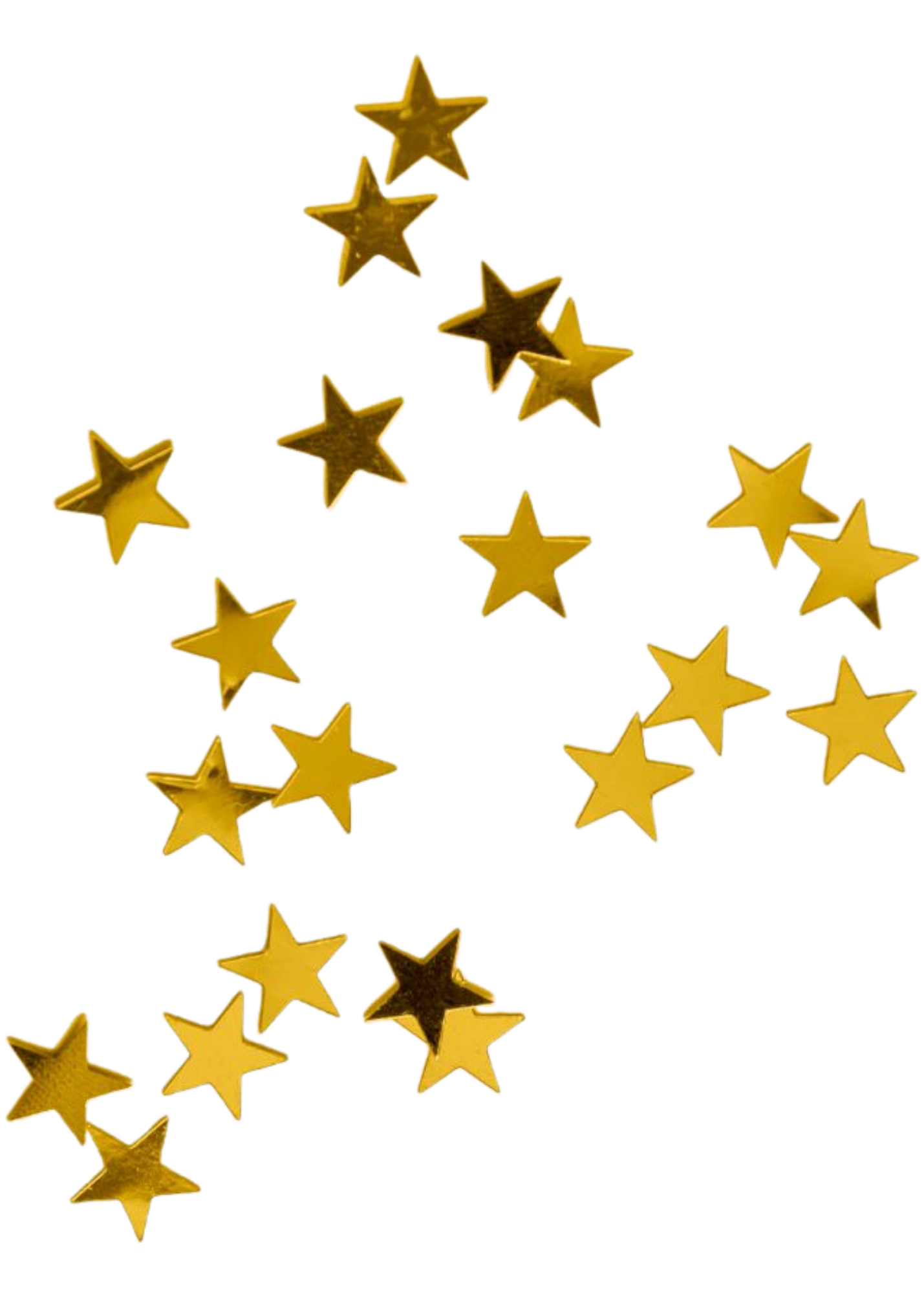 Golden star-shaped confetti scattered over a colorful striped background.