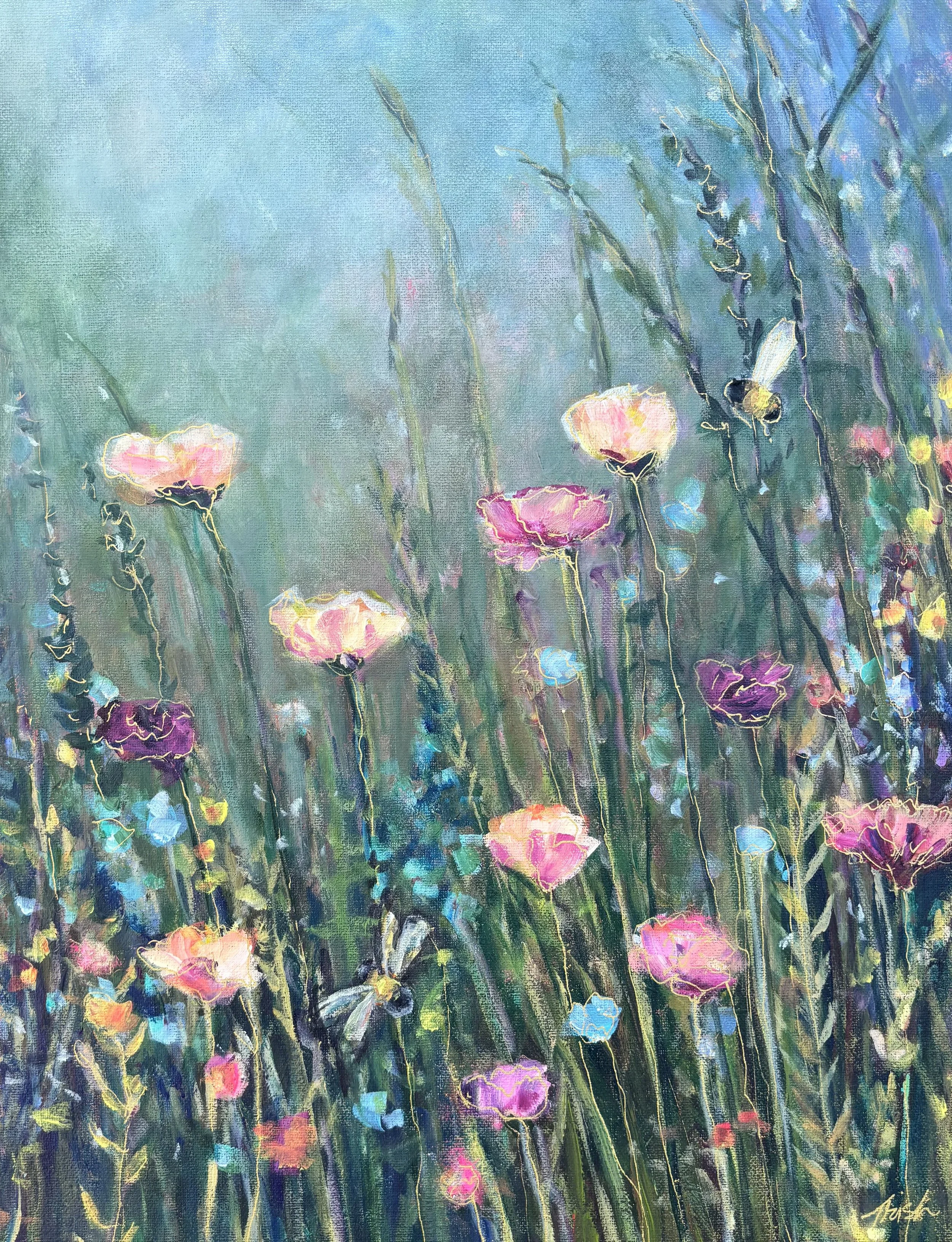 blue wildflowers with bees