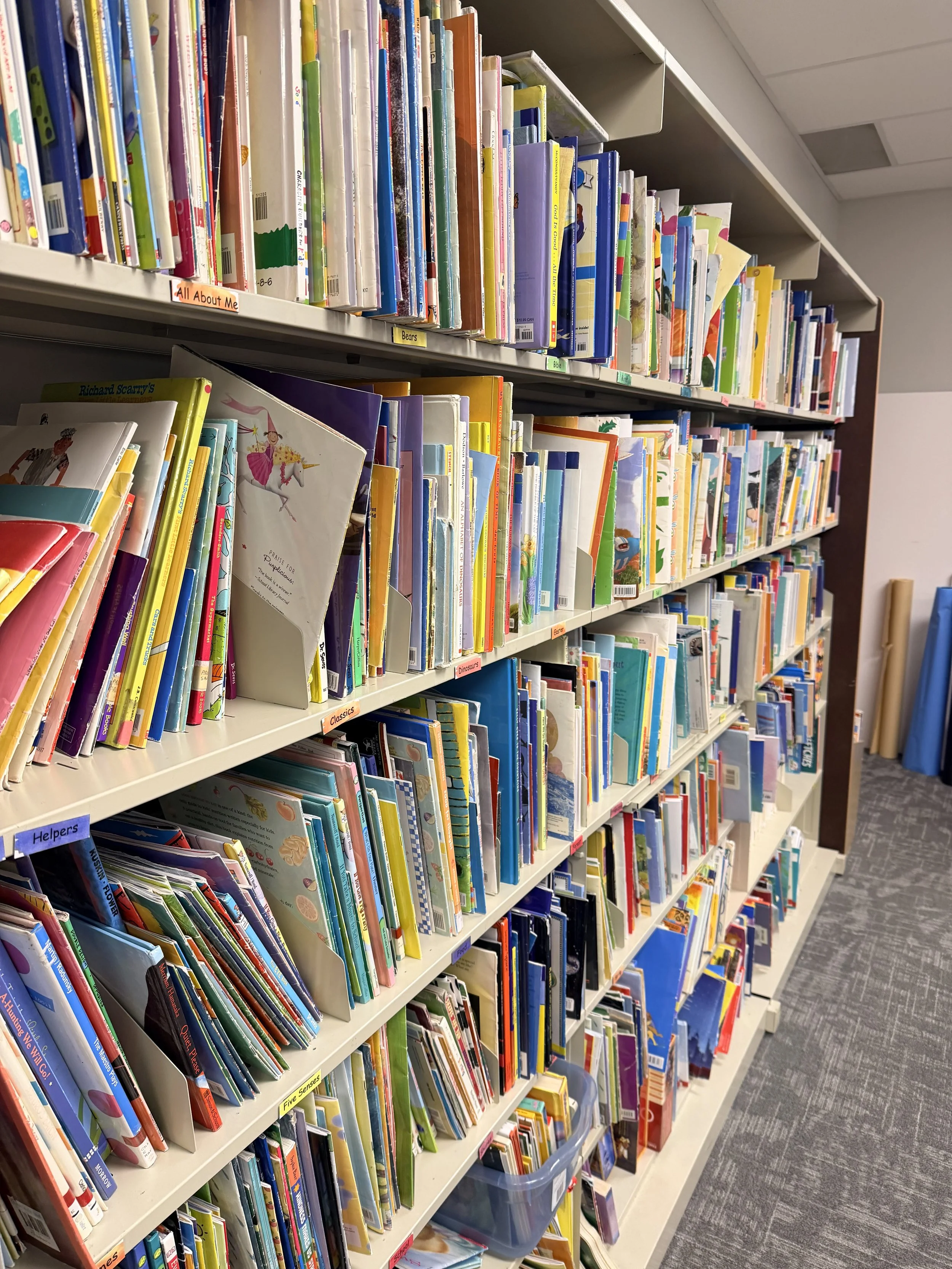 Bookshelves filled with children's books in a library.