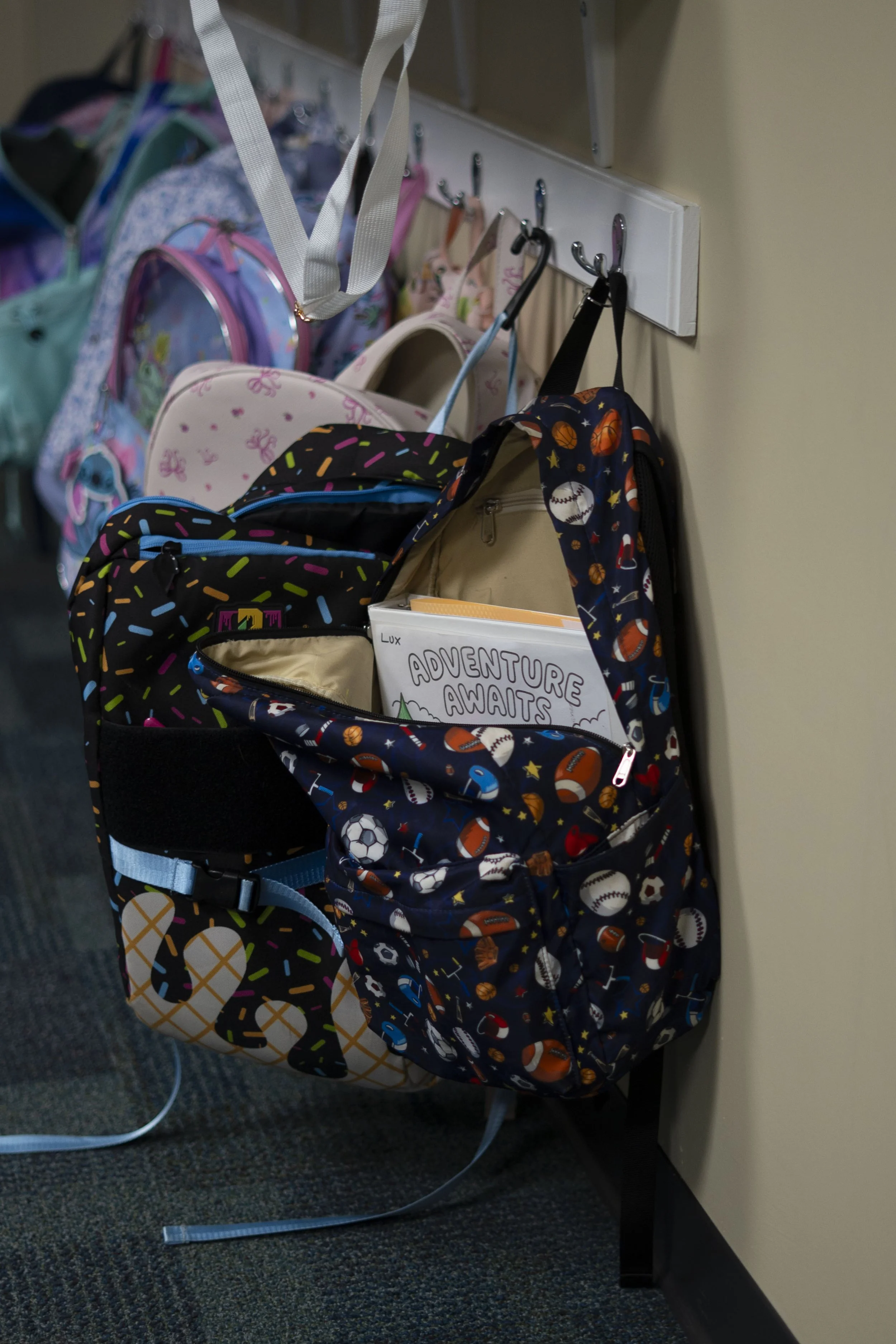 Student backpacks lined up for the school day at Cooperative School at Northland in Longwood, FL