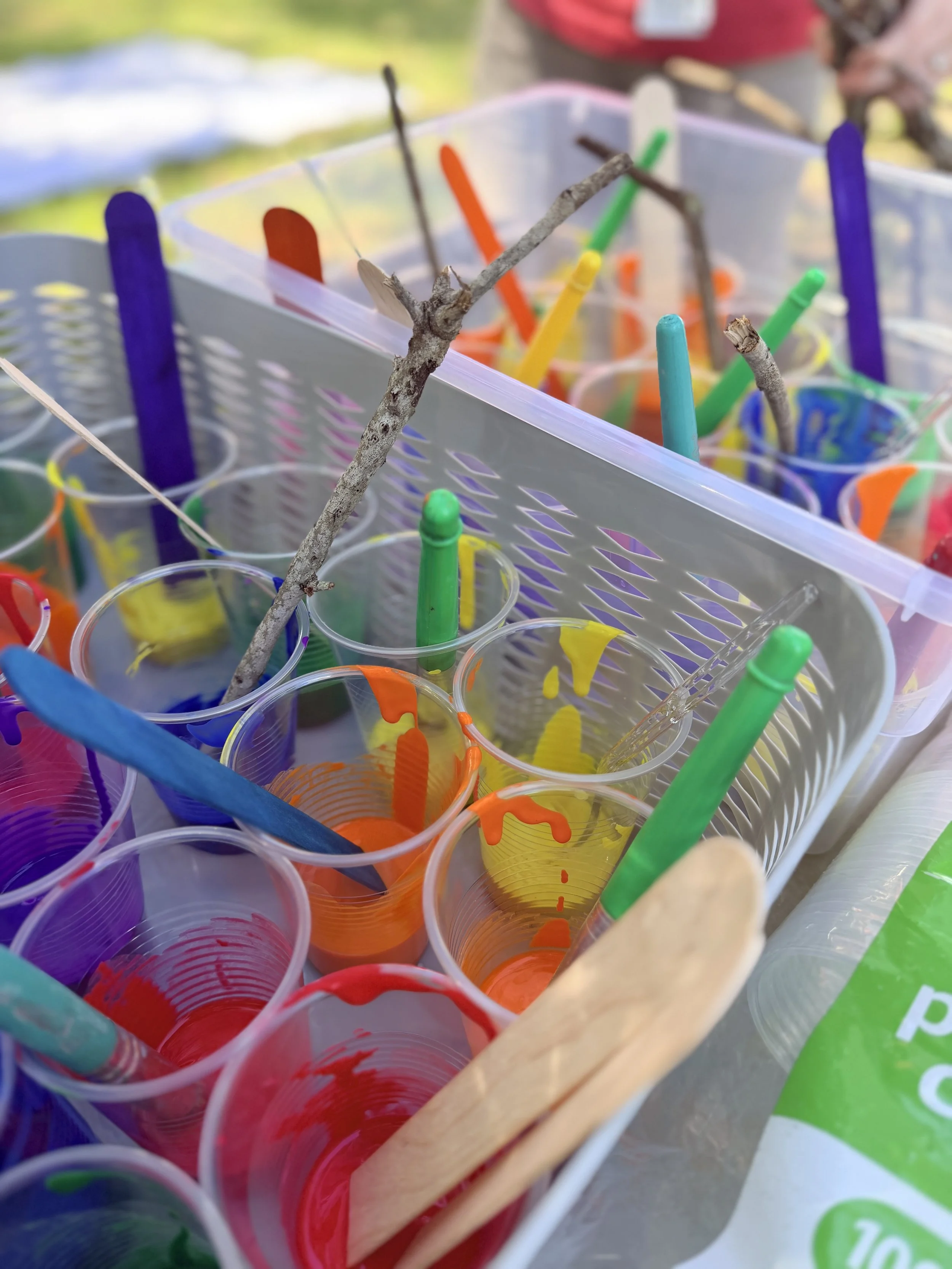 Paint cups ready for a hands-on art project in the kindergarten classroom at Cooperative School at Northland