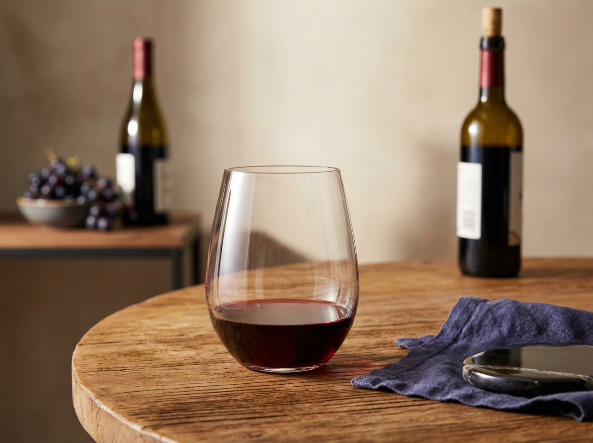 A glass of red wine on a wooden table with two bottles of wine and a bowl of grapes in the background.
