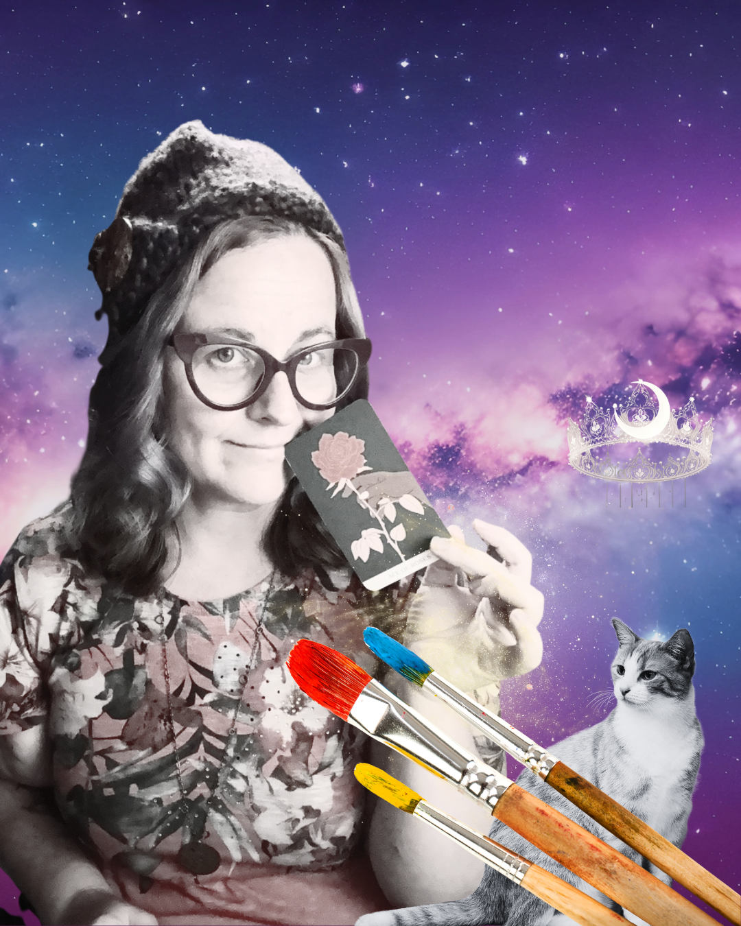 A woman wearing glasses and a floral shirt holding a tarot card, with a background of a starry galaxy sky, a moon and crown motif, and a cat, along with paintbrushes in the foreground.