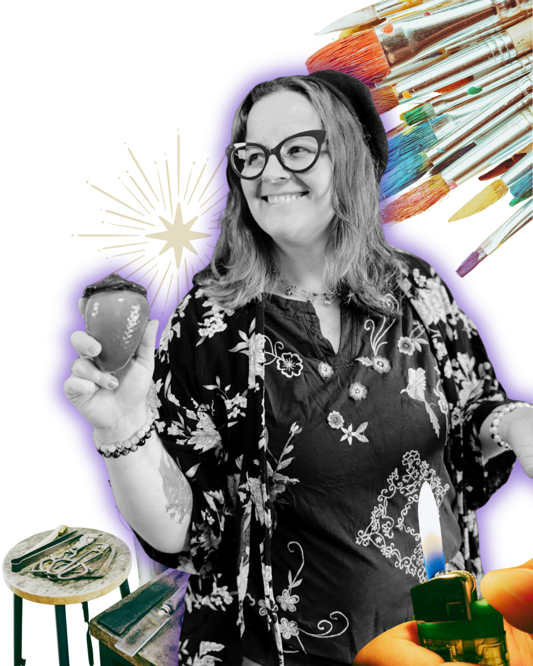 A woman with glasses holding a strawberry, surrounded by colorful paintbrushes, art supplies, and abstract decorative elements.