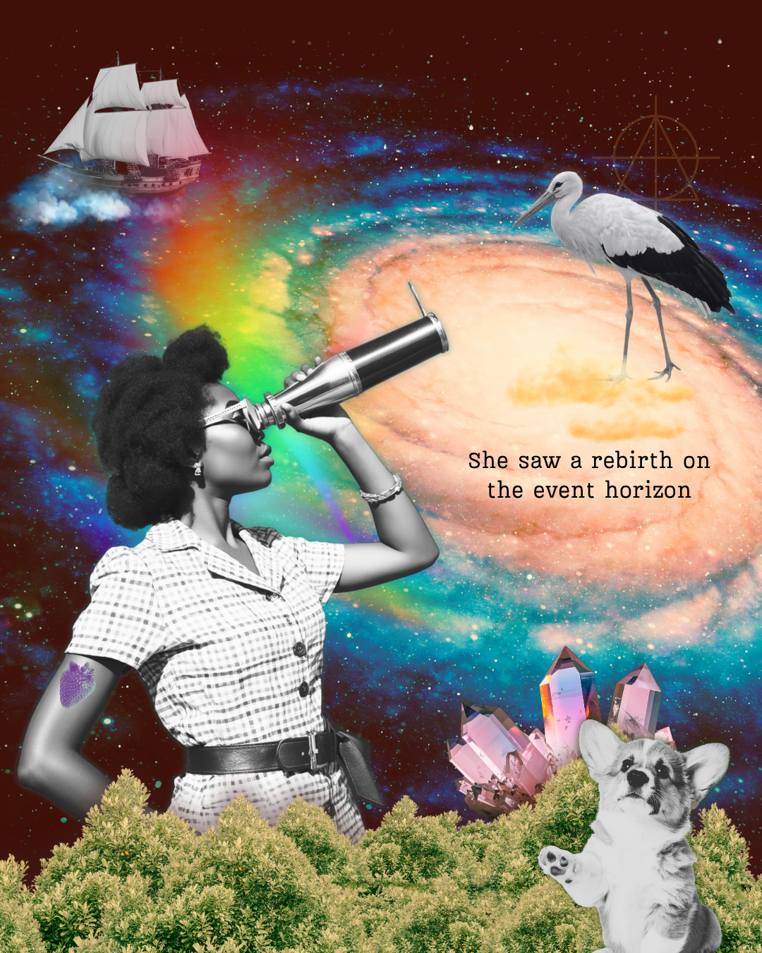 A woman with curly hair looking through a telescope in a surreal cosmic background, including a spaceship, a stork, a puppy, crystals, and colorful nebulae with a rainbow. The text reads "She saw a rebirth on the event horizon."