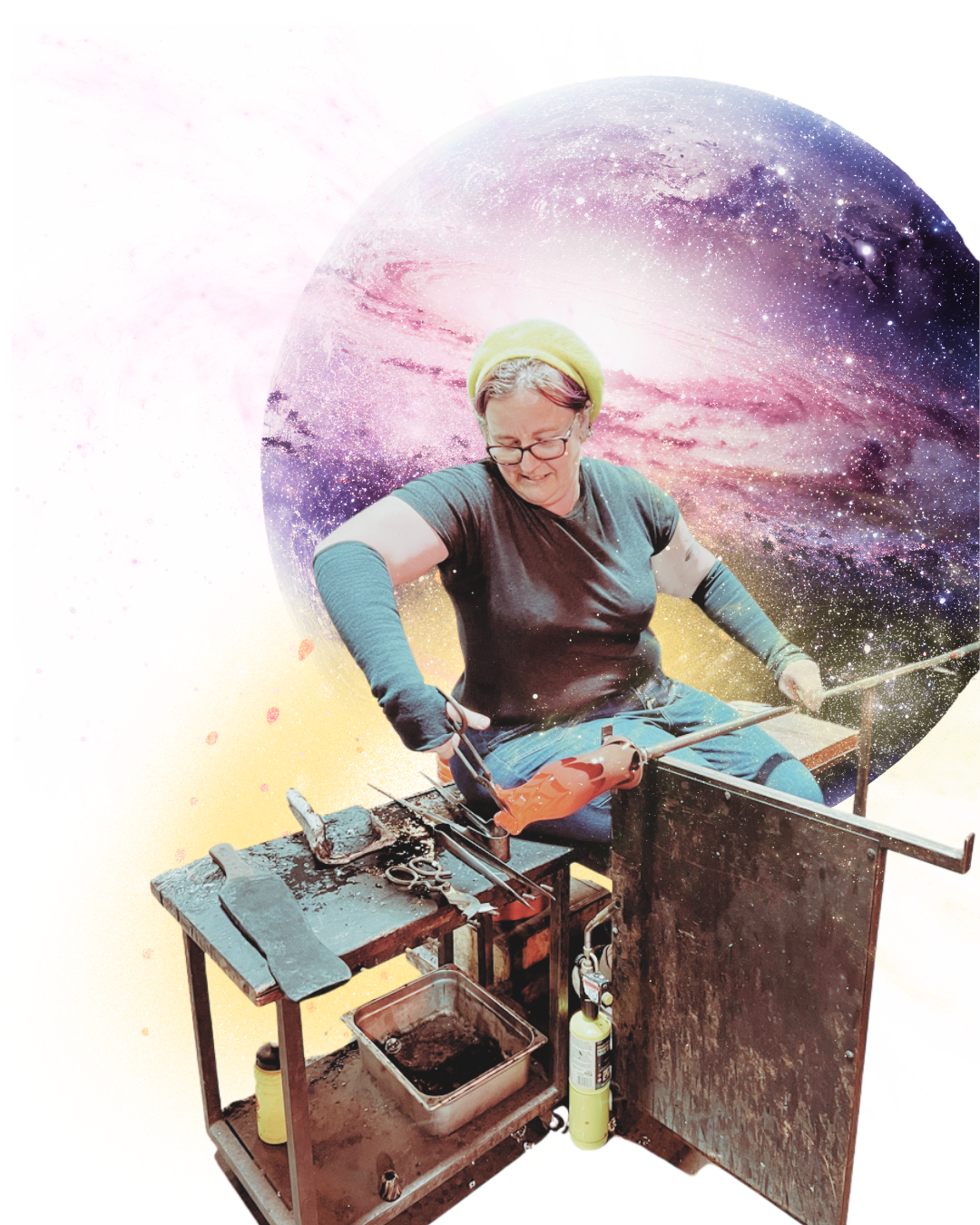 A person working at a metal workbench with tools, with a cosmic background of planets and stars.