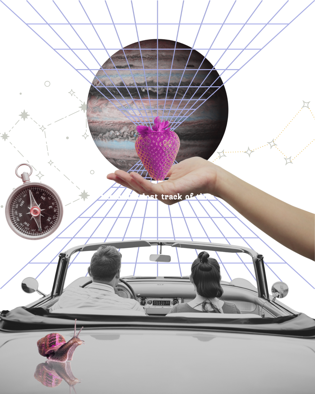 A surreal digital collage featuring a vintage car with two people inside, a large strawberry held by a hand, a planet with a grid overlay, a snail with a pink shell, a compass, and a neon-like grid structure with a pink planet or celestial body in the background.