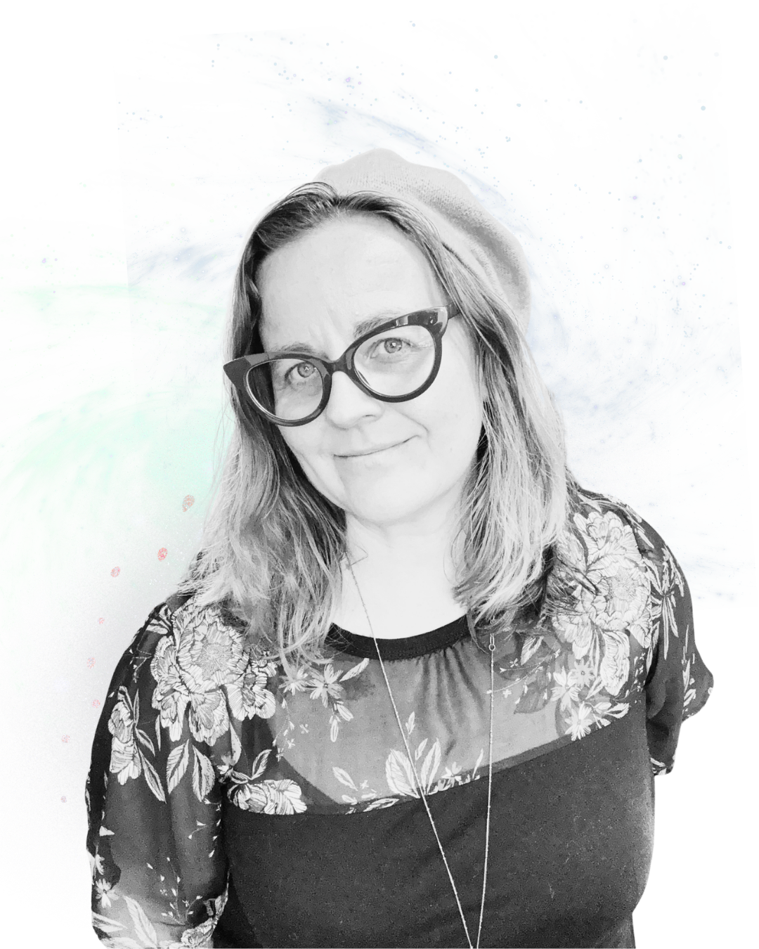 Black and white portrait of a woman with glasses and shoulder-length hair, wearing a floral top and a hat, with a colorful galaxy background.
