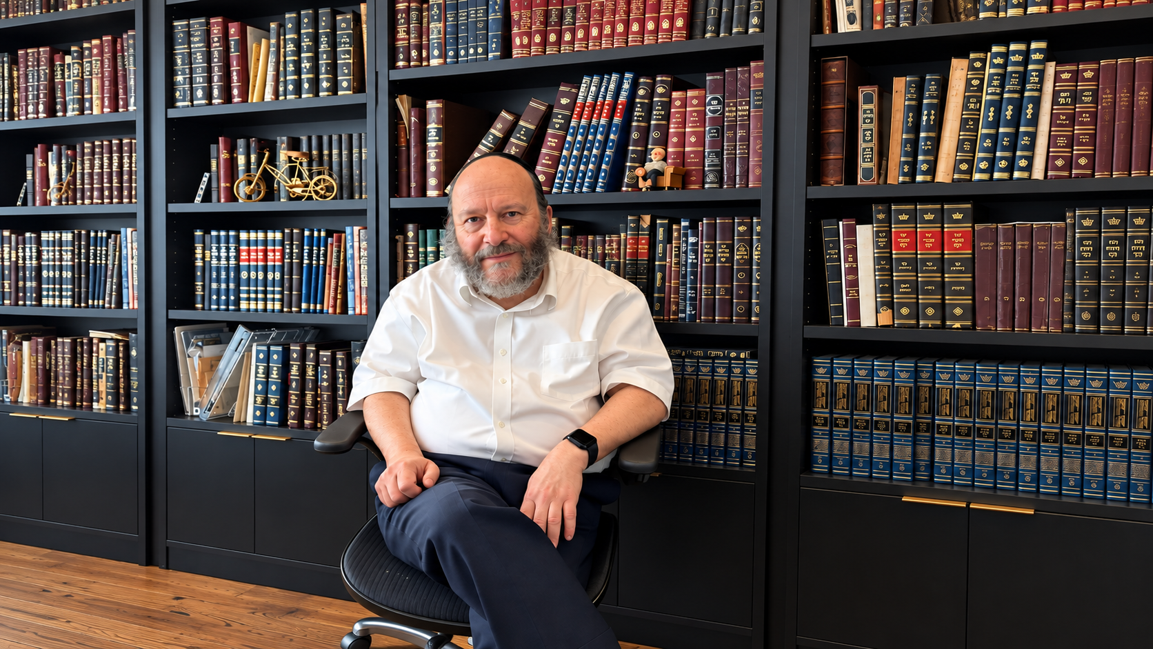An older man with a beard and no hair, wearing a white shirt and black pants, seated in a black office chair in front of tall bookshelves filled with leather-bound books and decorative bicycle and figurine ornaments.