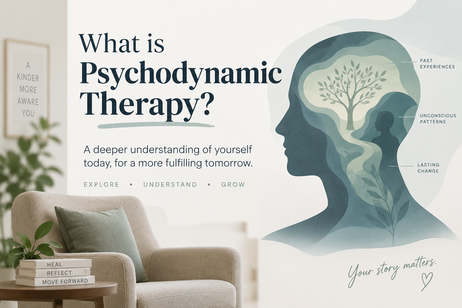 Poster explaining psychodynamic therapy with a silhouette of a human head showing layers representing past experiences, unconscious patterns, and lasting change, along with motivational phrases such as 'Your story matters'.