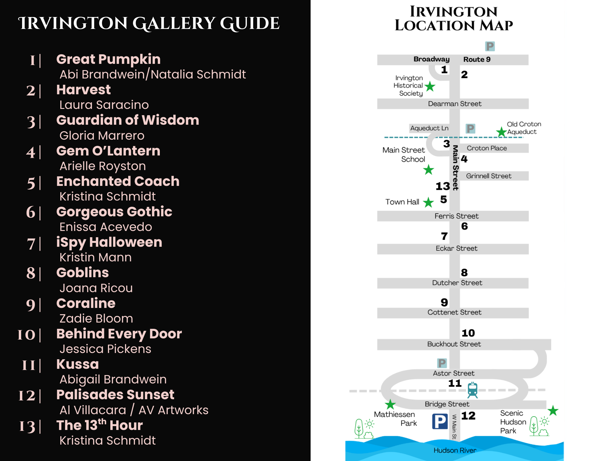 Map of Irvington Pumpkin Trail Public Art Gallery - Painted Pumpkin Statues