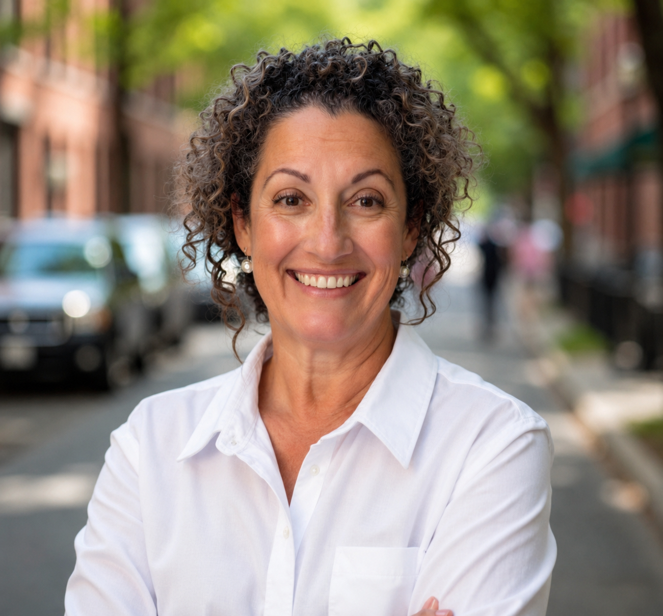 A smiling woman with curly hair and pearl earrings in an outdoor urban setting with parked cars and brick buildings in the background.