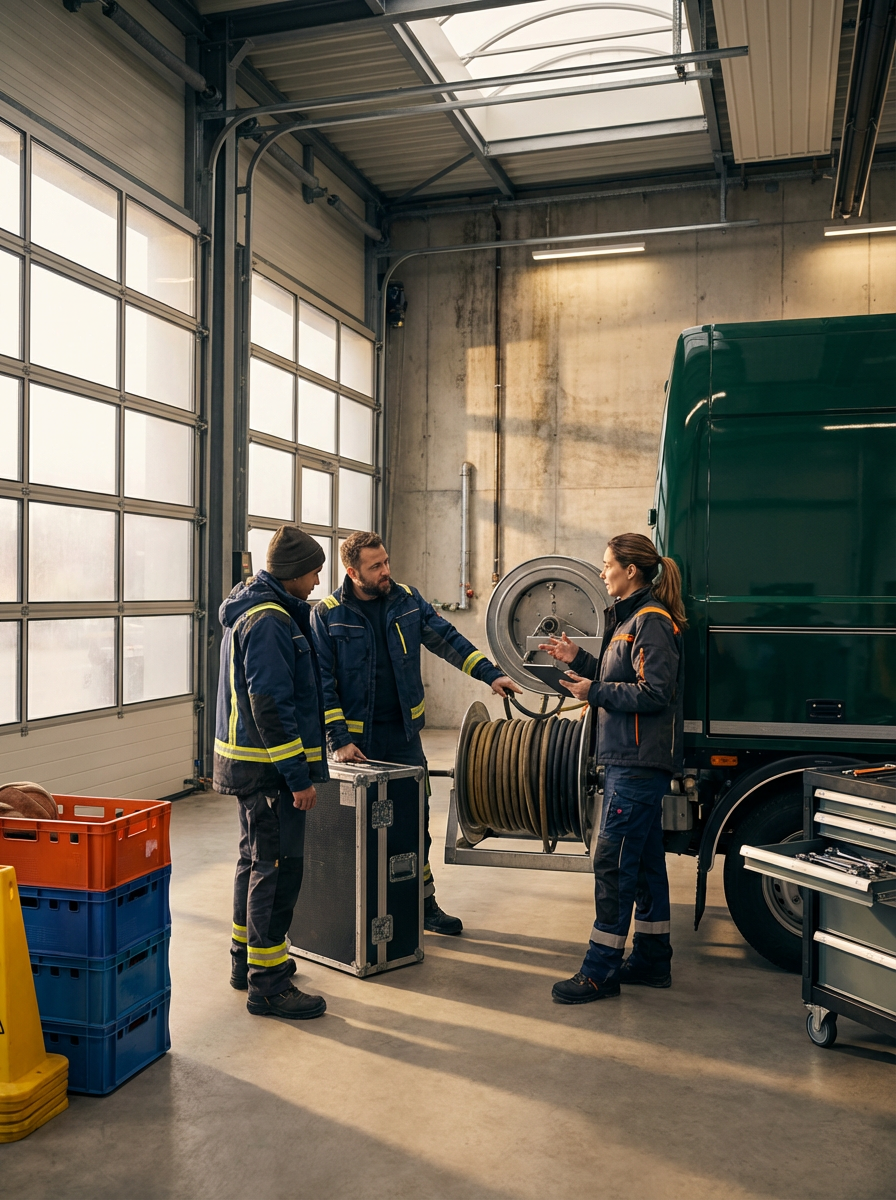 Three workers in safety uniforms having a discussion in a spacious industrial garage or workshop, with a large green truck and coiled hose nearby.