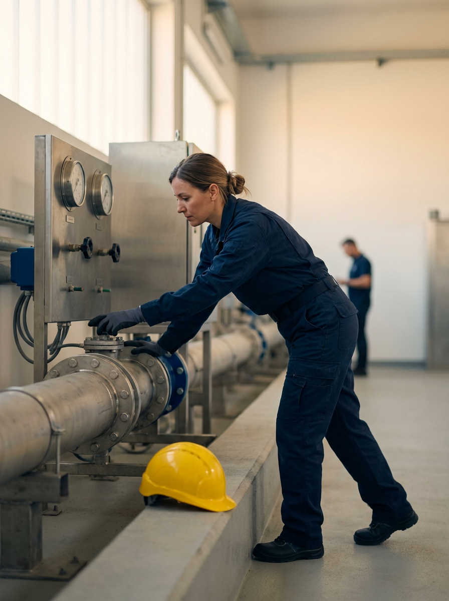 A woman in navy work clothes and black gloves is adjusting a valve on a large industrial pipe in a factory or plant. A yellow hard hat is on the ground nearby, and another worker is in the background.