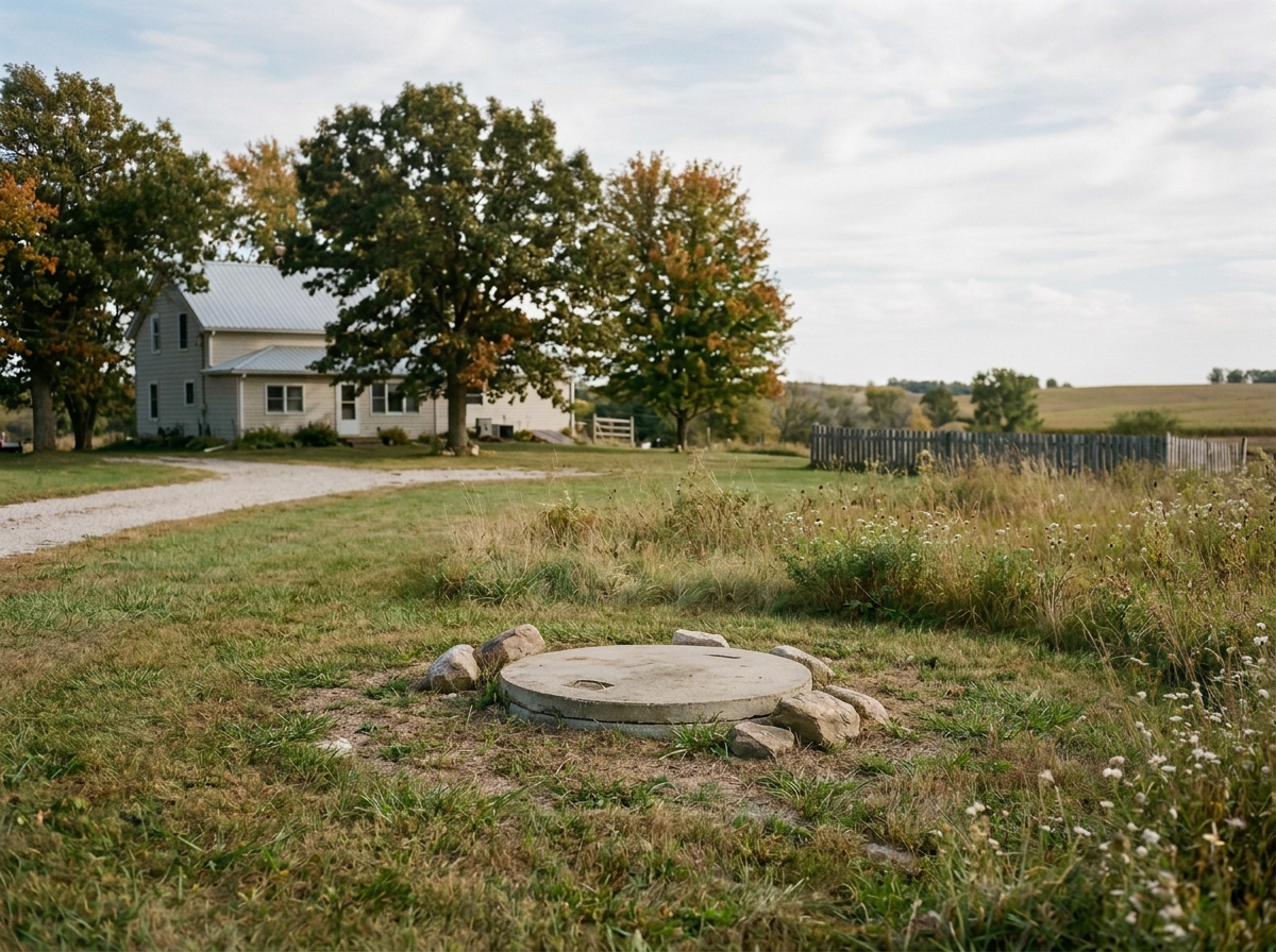 A rural scene with a white house, trees with autumn leaves, a gravel driveway, and a grassy field with wildflowers in the foreground. There's a manhole cover surrounded by rocks in the grass.