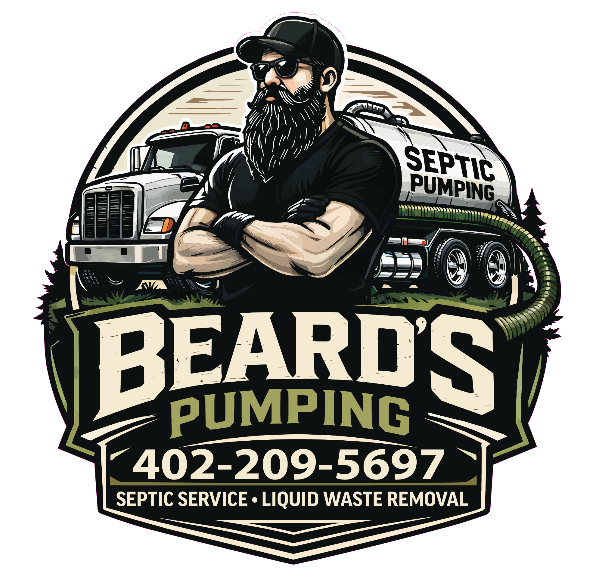 Logo for a septic pumping service featuring a man with a beard and sunglasses beside a septic truck, with contact information and services listed.
