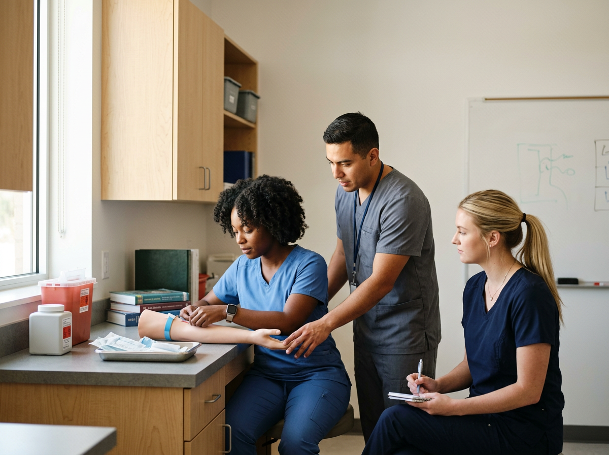 Healthcare professionals examining a patient's arm in a medical office.