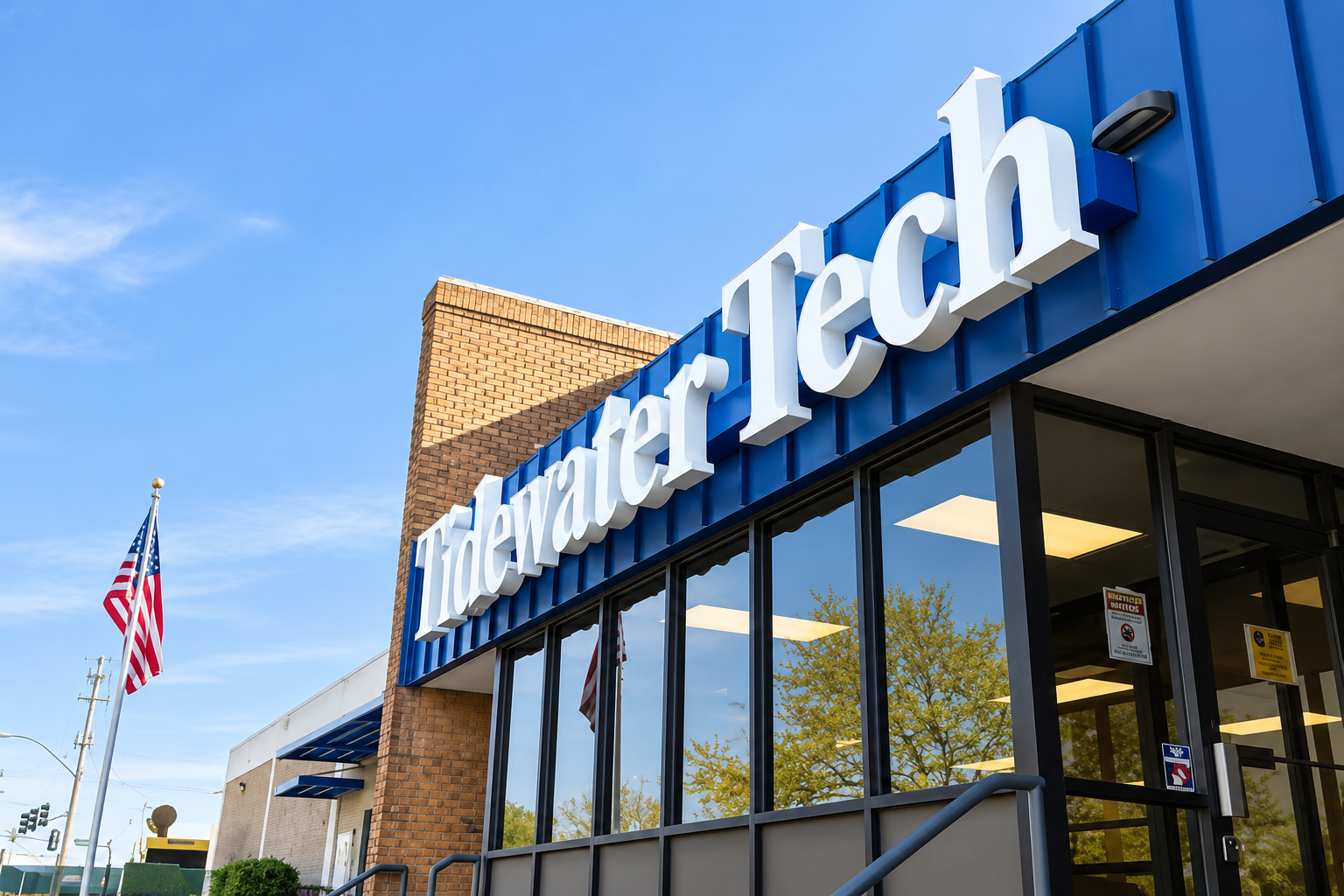 Exterior of a Trader Joe's store with a blue sign and white lettering, next to a brick wall, reflecting trees in the glass windows, with an American flag on a pole outside on a clear day | Compass Rose Student Housing