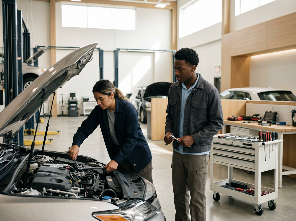 Two people working on a car in an auto repair shop. The woman is inspecting the engine with the hood open, while the man stands nearby holding a tool, observing. The shop has tools on a cart and workbenches in the background.