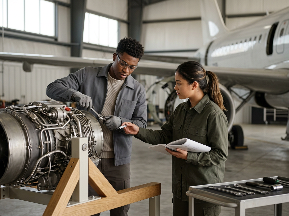 Two technicians working on an aircraft engine inside a spacious hangar, with an airplane in the background, one of them taking notes.