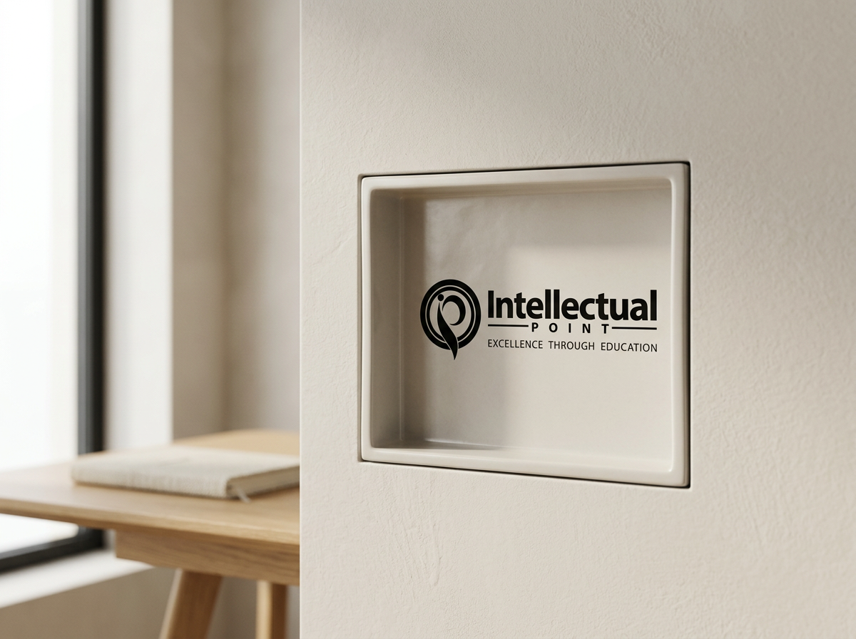 A wall with a compartment that has the logo and tagline of Intellectual Point, reading 'EXCELLENCE THROUGH EDUCATION'.