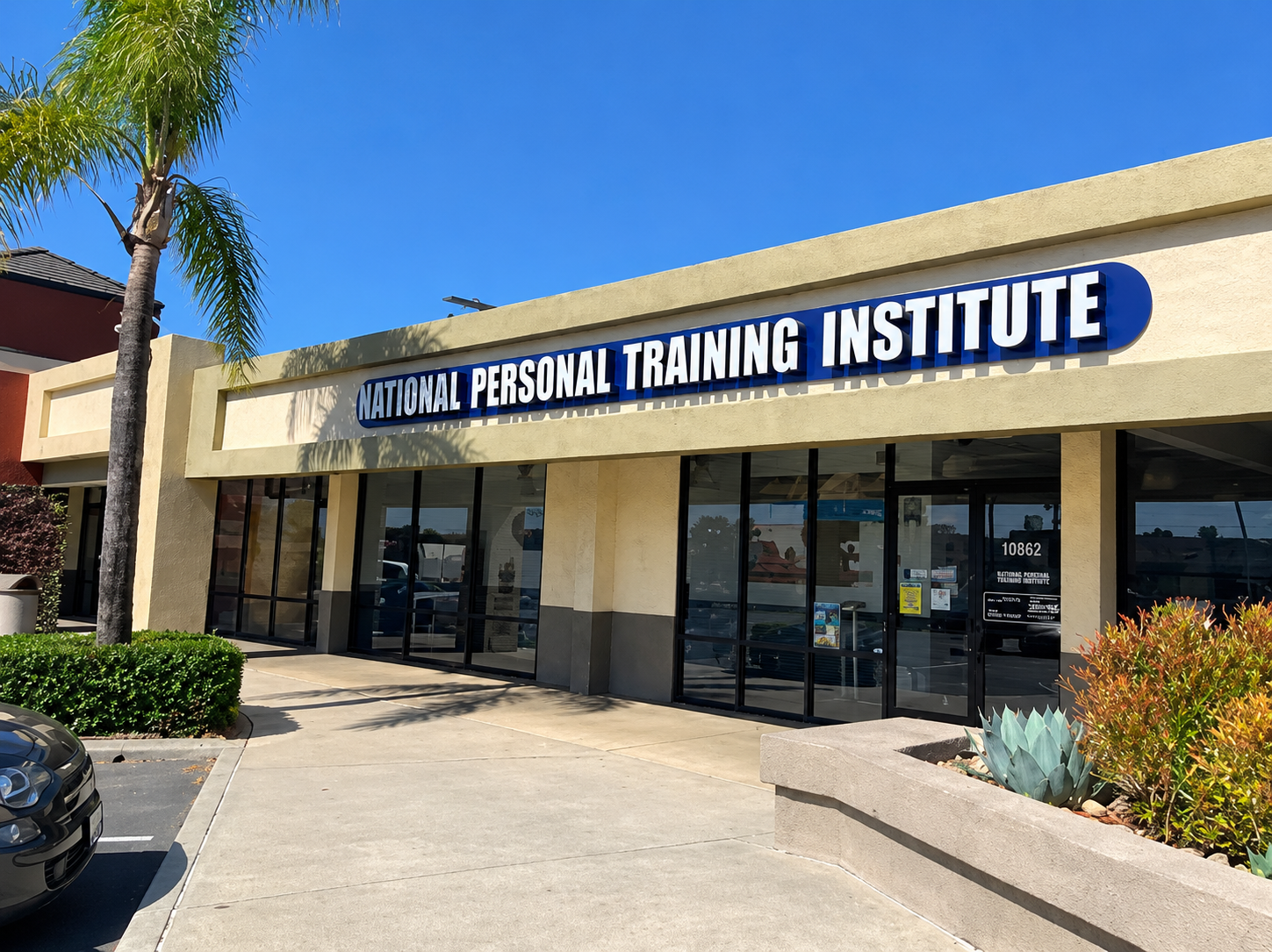 Exterior of the National Personal Training Institute building with a palm tree and landscaping in front.