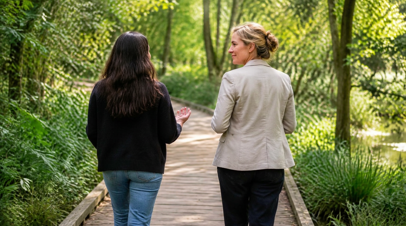 Two women talking while walking on a wooden trail surrounded by green trees and plants.