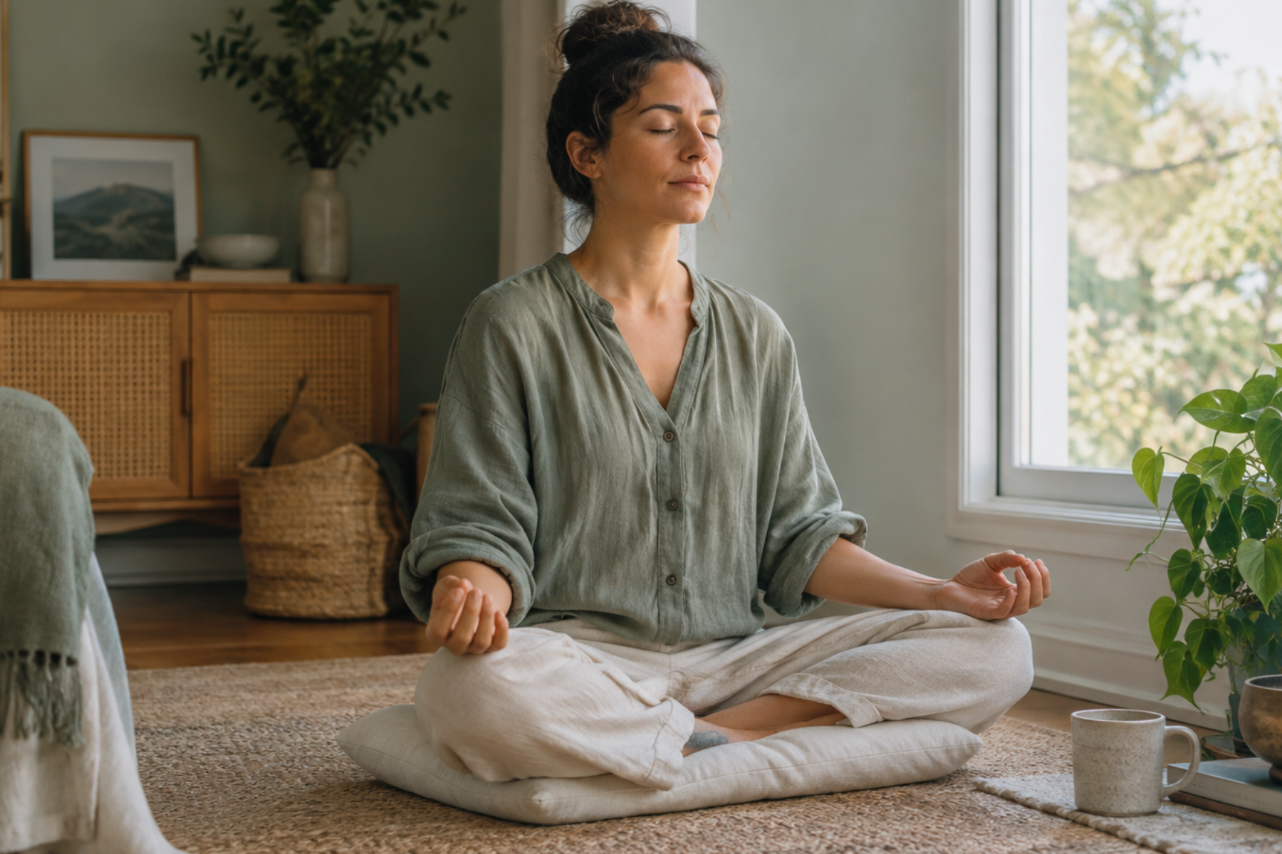 A woman practicing meditation indoors, seated cross-legged on a cushion with eyes closed and hands resting on her knees in a peaceful atmosphere.