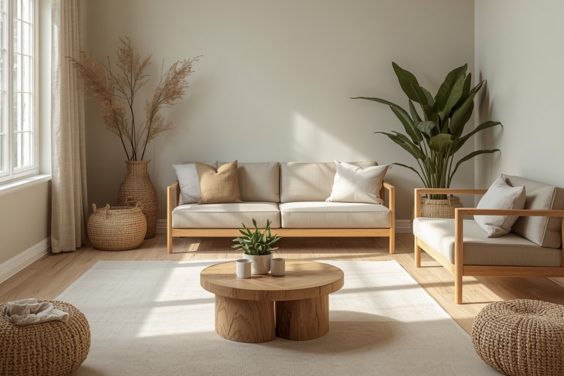 Bright living room with a beige sofa, two armchairs, a round wooden coffee table, and potted plants near a large window with beige curtains.