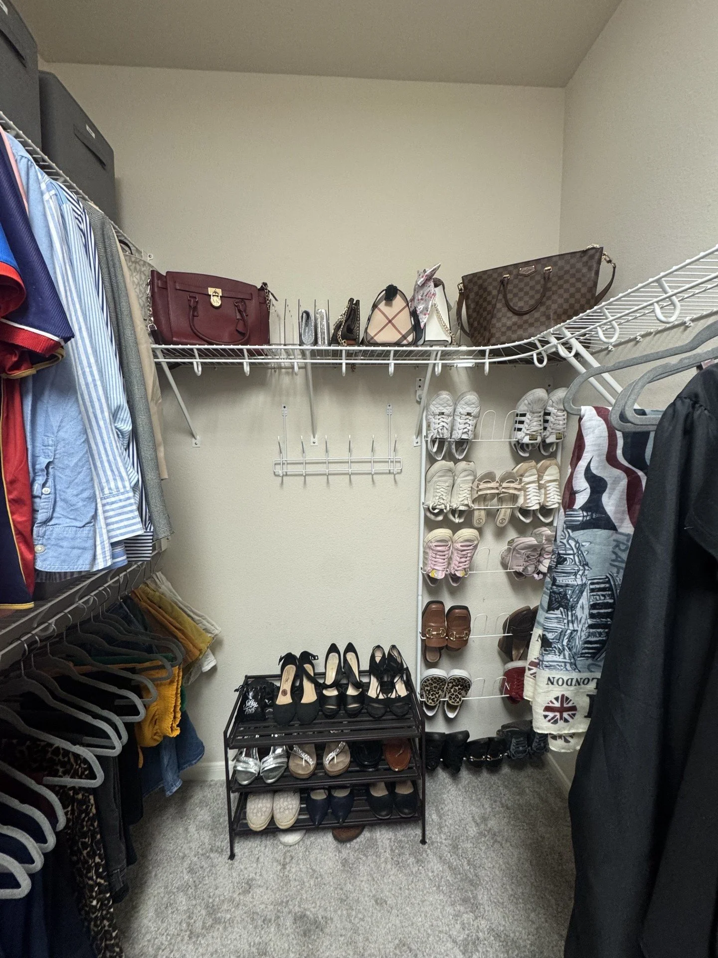 Shoes and handbags organized by type, with everyday pairs easy to grab and put back