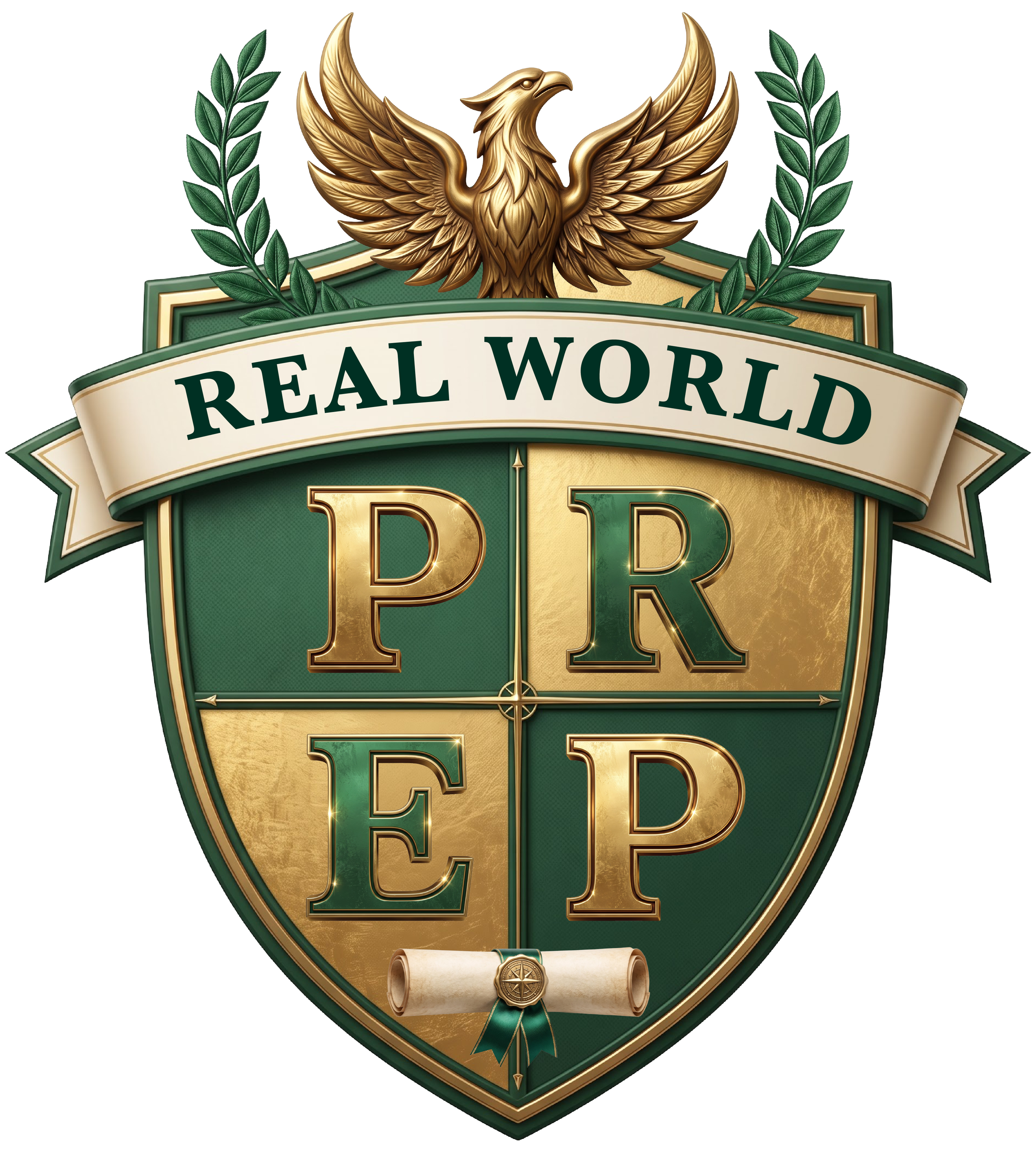 A shield-shaped emblem with a golden eagle at the top, green laurel branches on either side, a banner with the words "Real World" above the shield, and a scroll with a gold seal at the bottom. The shield has gold and green colors with a glossy appearance.