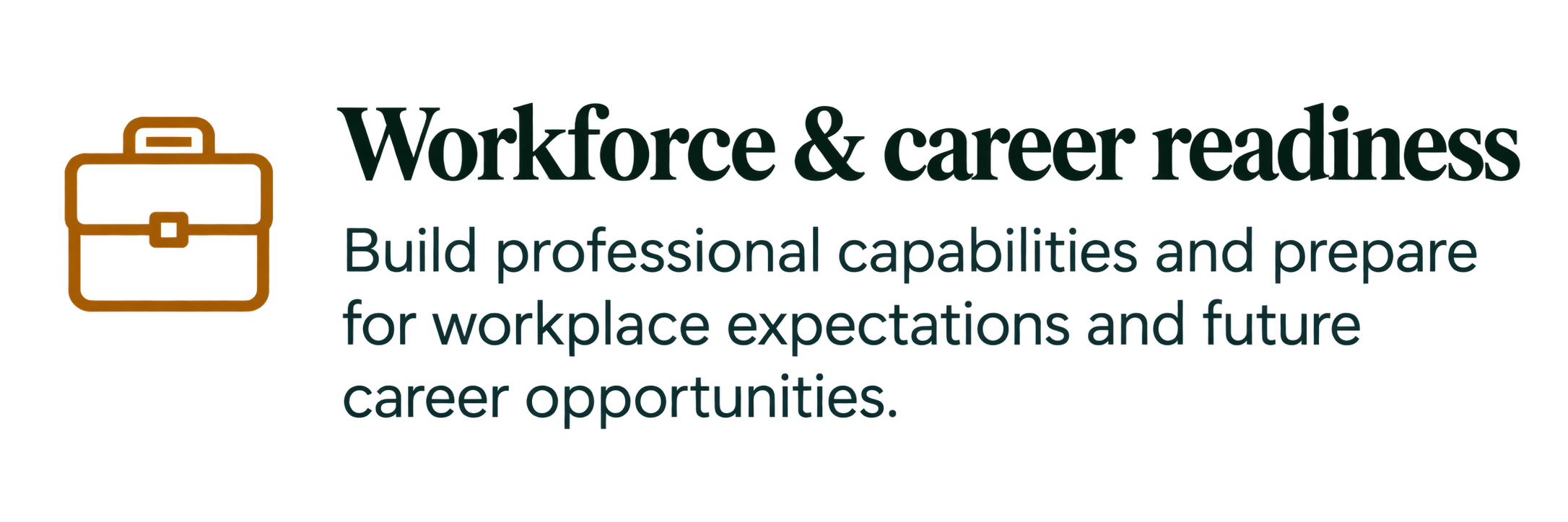 Text overlay with a briefcase icon reading "Workforce & career readiness" and a description: "Build professional capabilities and prepare for workplace expectations and future career opportunities."