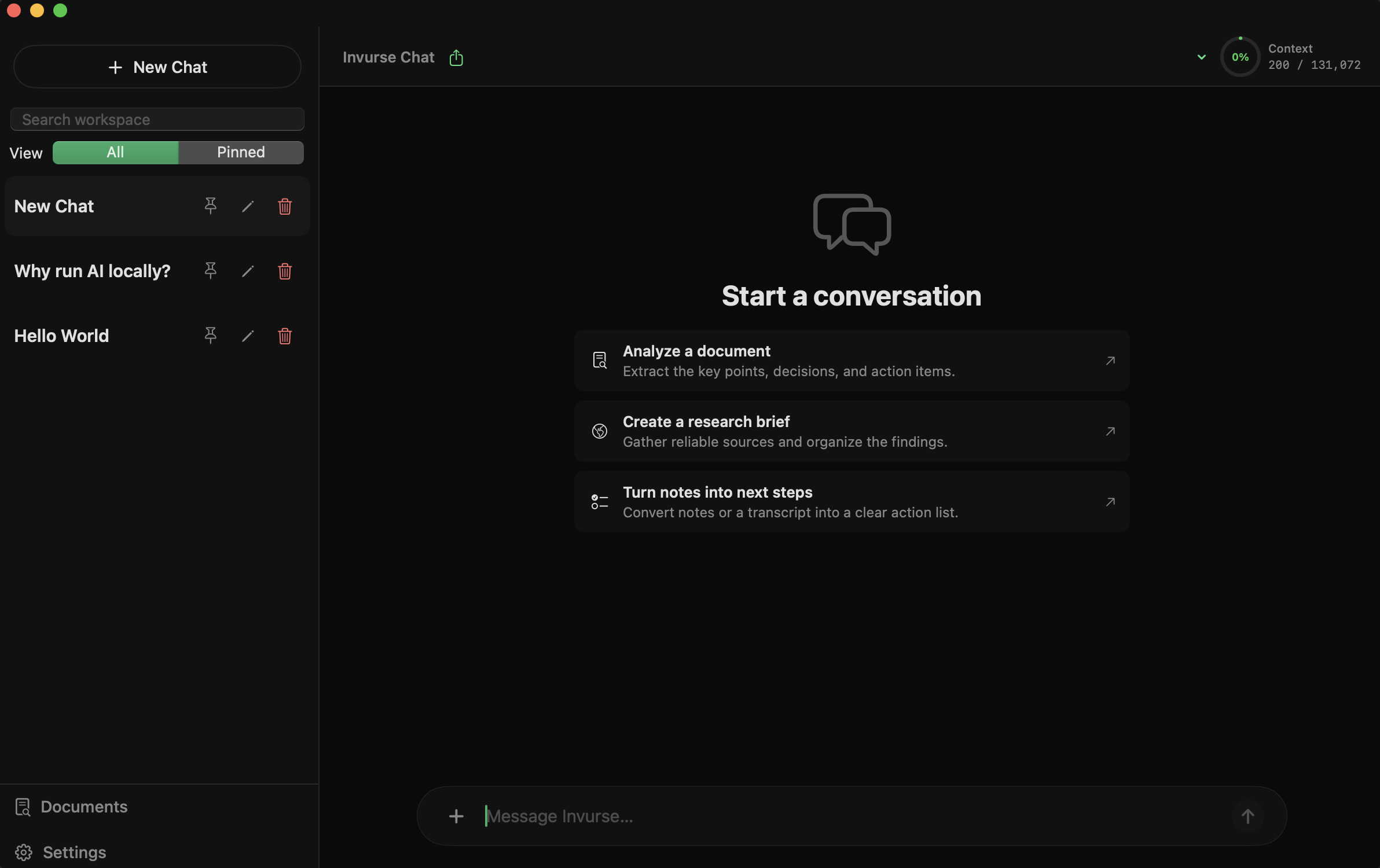 Screenshot of a chat application with a dark theme, displaying a conversation prompt 'Start a conversation' and options to analyze a document, create a research brief, or turn notes into next steps. The left sidebar shows chat folders labeled 'New Chat,' 'Why run AI locally?,' and 'Hello World.'