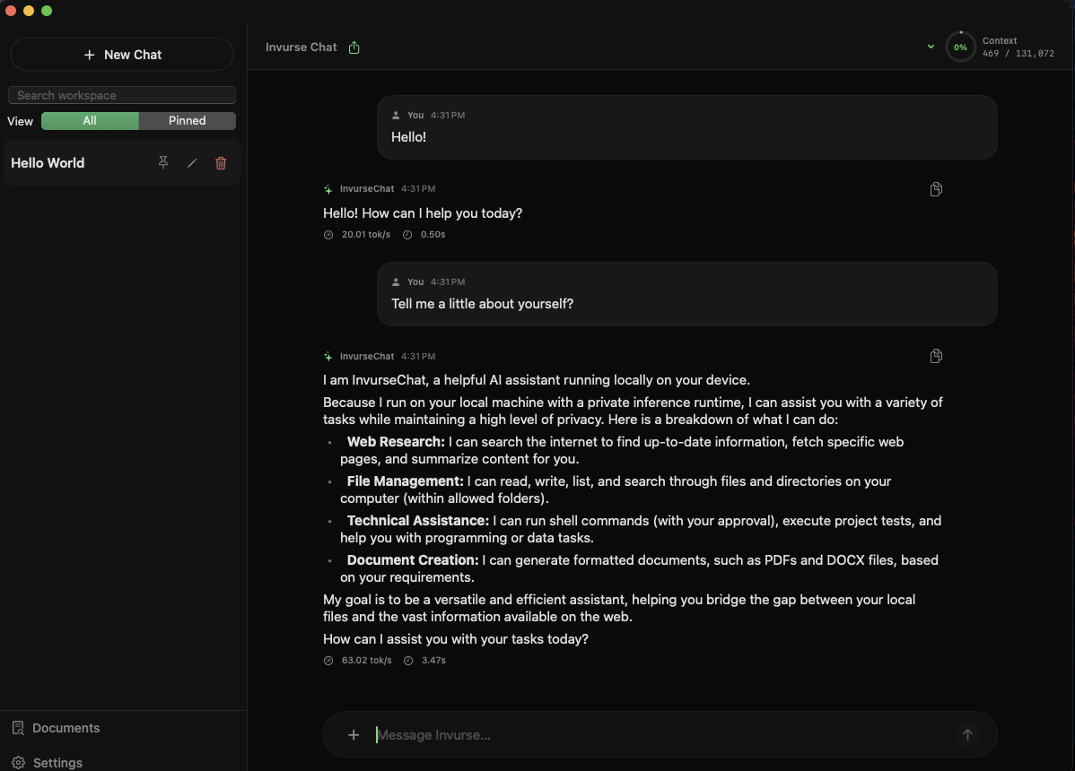 Screenshot of a chat interface with a conversation about InvruseChat, an AI assistant. The chat shows messages listing its capabilities including web research, file management, technical assistance, and document creation.