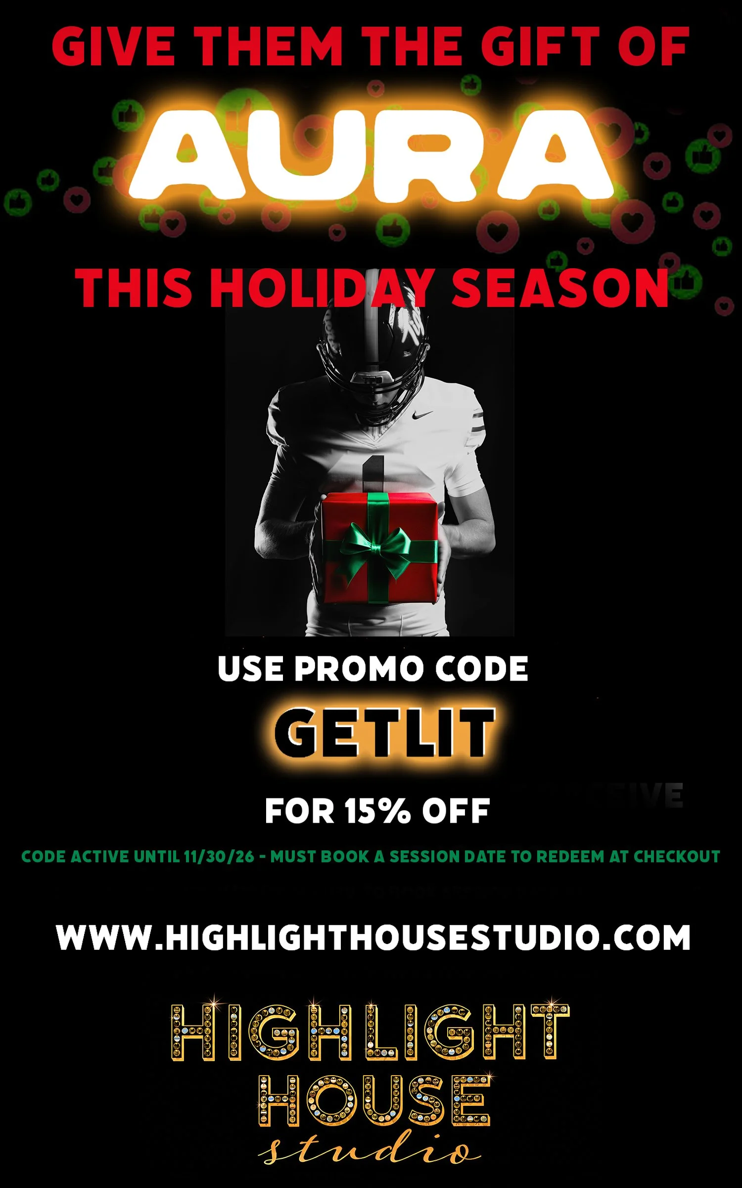 Promotional advertisement for a holiday discount at Highlight House Studio featuring a football player holding a gift and a promo code 'GETLIT' for 15% off, with festive and illuminated text and graphics.