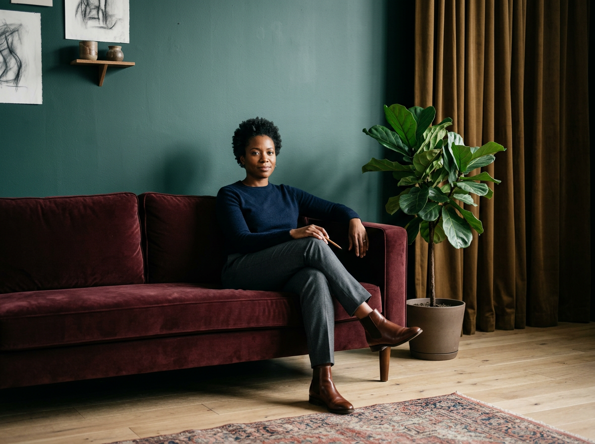 Woman sitting on a burgundy velvet couch in a living room, with a green wall, artwork, a large green potted plant, brown curtains, and a patterned rug.