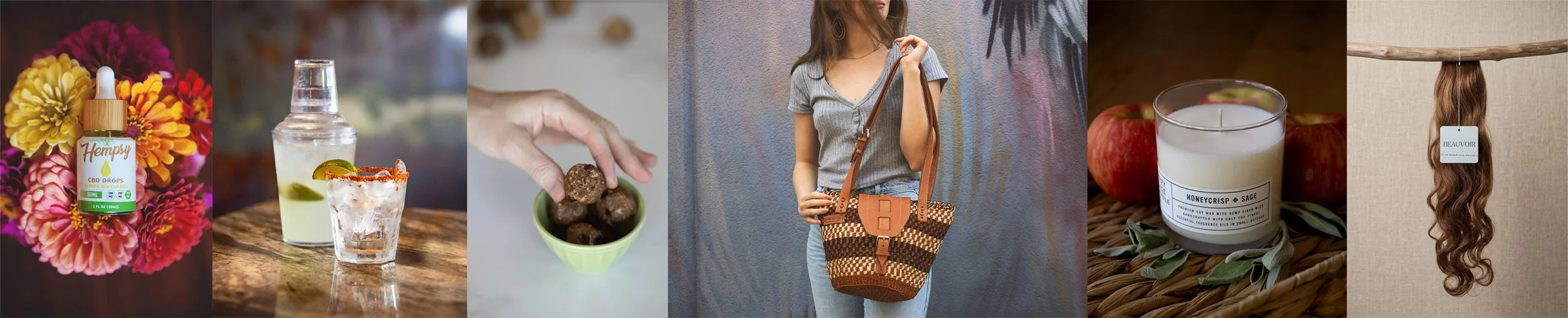 A collage of seven images: a CBD drops bottle on flowers, a cocktail with lime and salt rim, a hand holding cacao nibs, a woman with handbag against mural, a scented candle with apples, a hair extension bundle, and a hemp flower CBD dropper bottle on flowers.