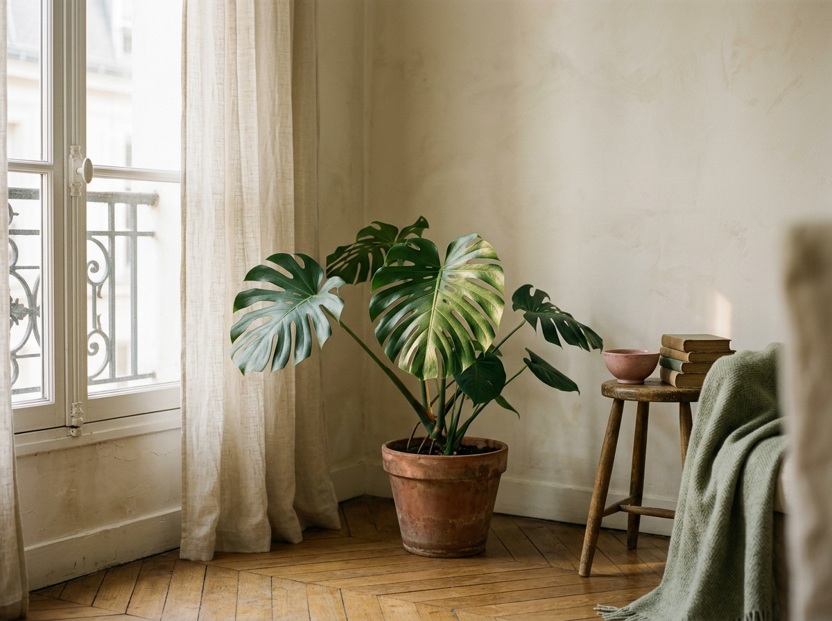 Un monstera près d'une fenêtre voilée
