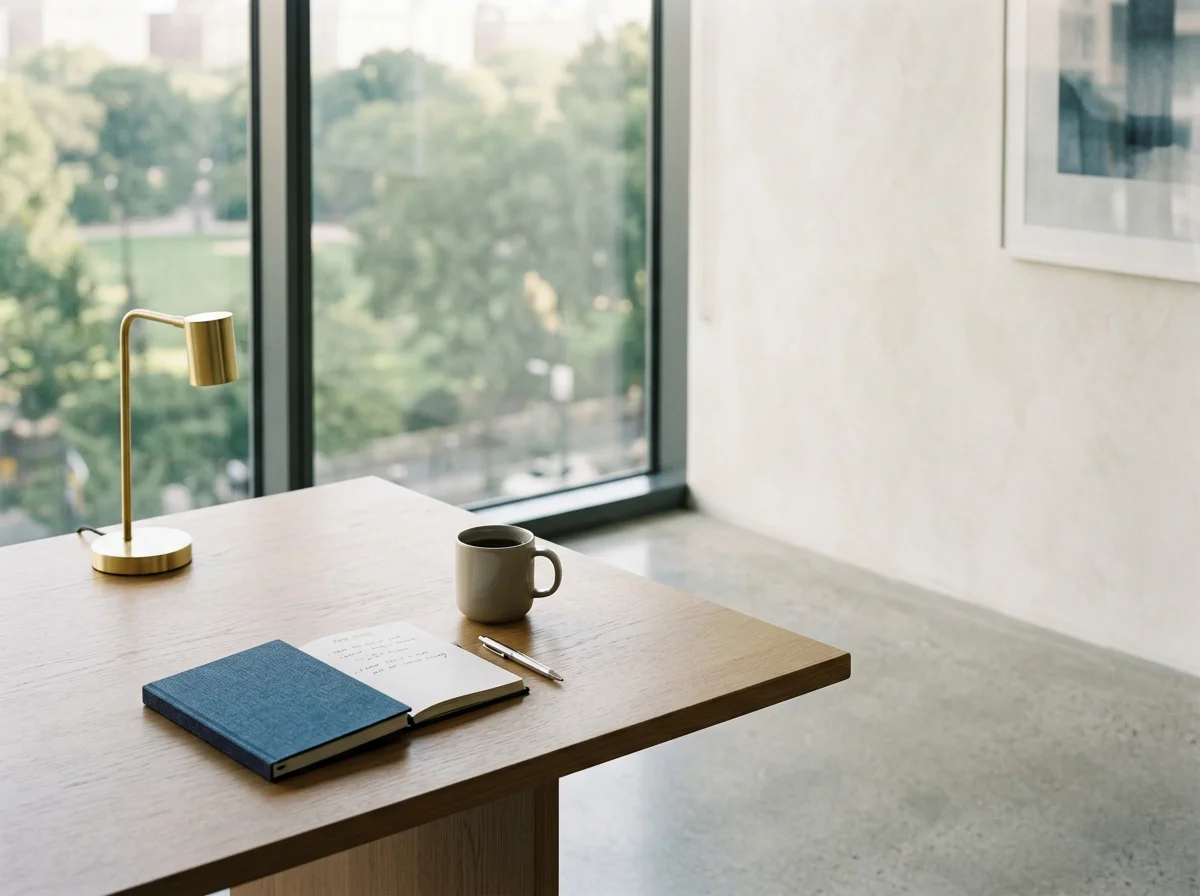 A wooden desk near a window with a gold desk lamp, an open notebook, a pen, and a gray coffee mug.