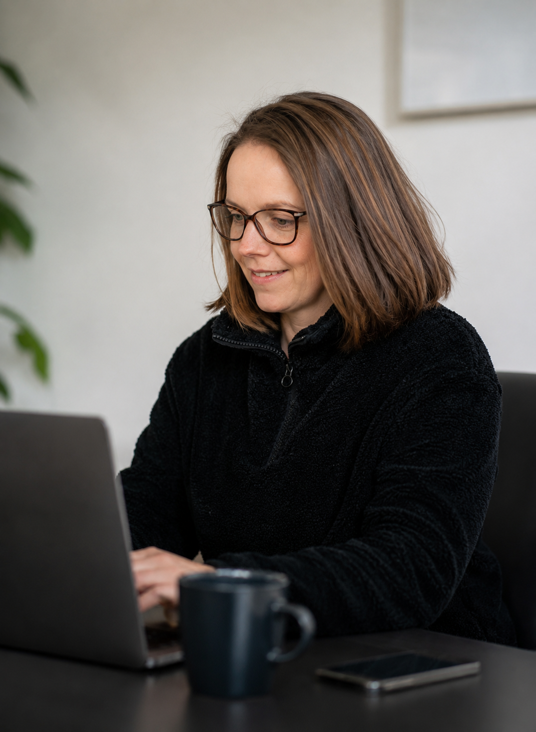 A woman with shoulder-length brown hair and glasses working on a laptop at a desk.